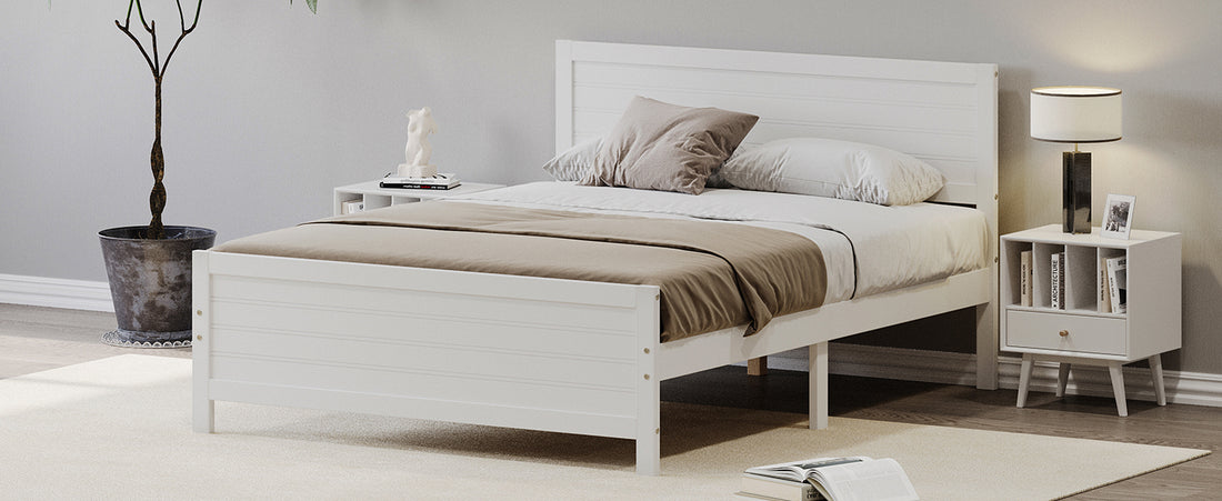 Wood Platform Bed Frame With Headboard, Mattress Foundation With Wood Slat Support, No Box Spring Needed, Queen Size, White Box Spring Not Required Queen White Wood Solid Wood Mdf