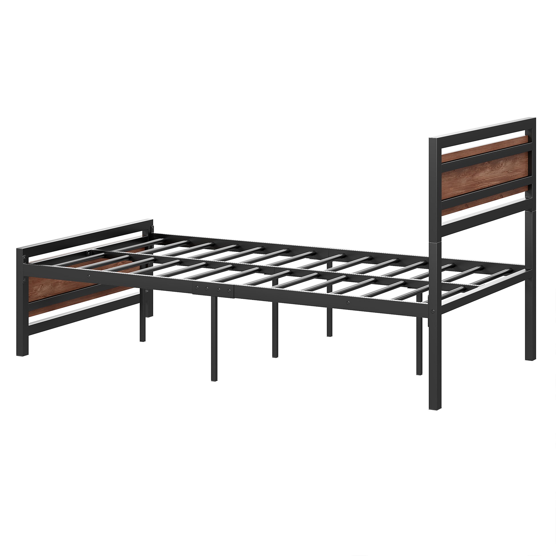 Twin Size Platform Bed, Metal And Wood Bed Frame With Headboard And Footboard, Black Black Metal & Wood