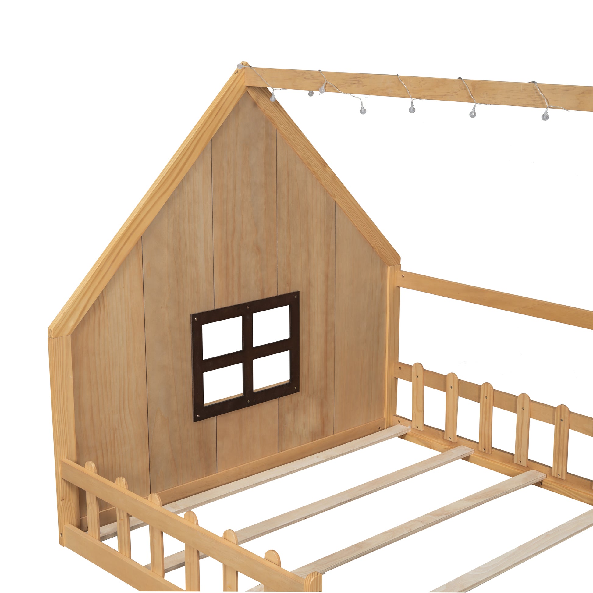 Full Size Wood House Bed With Window And Fence, Natural Old Sku: Wf304147Aa Box Spring Not Required Full Natural Wood Bedroom Pine Bed Frame Solid Wood Mdf