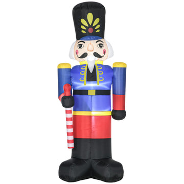 Homcom 8Ft Christmas Inflatables Outdoor Decorations Nutcracker Toy Soldier With Scepter, Blow Up Yard Christmas Decor With Led Lights Display Red Polyester