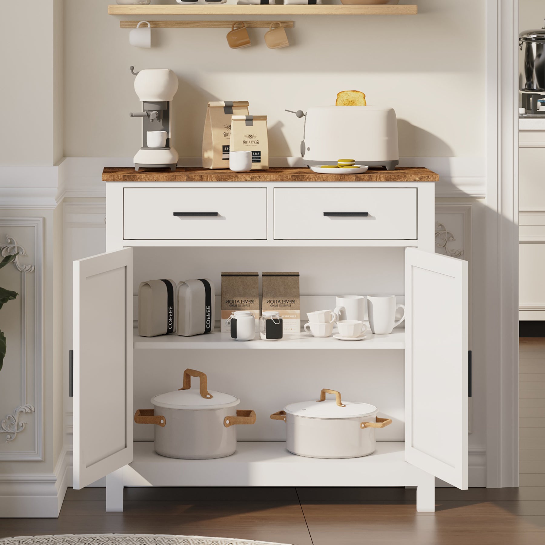 Kitchen Storage Cabinet, Modern Farmhouse Buffet Cabinet With Storage, Coffee Bar With 2 Drawers And 2 Doors, Floor Sideboard Buffet For Living Room, Dining Room, Bathroom, White White Particle Board