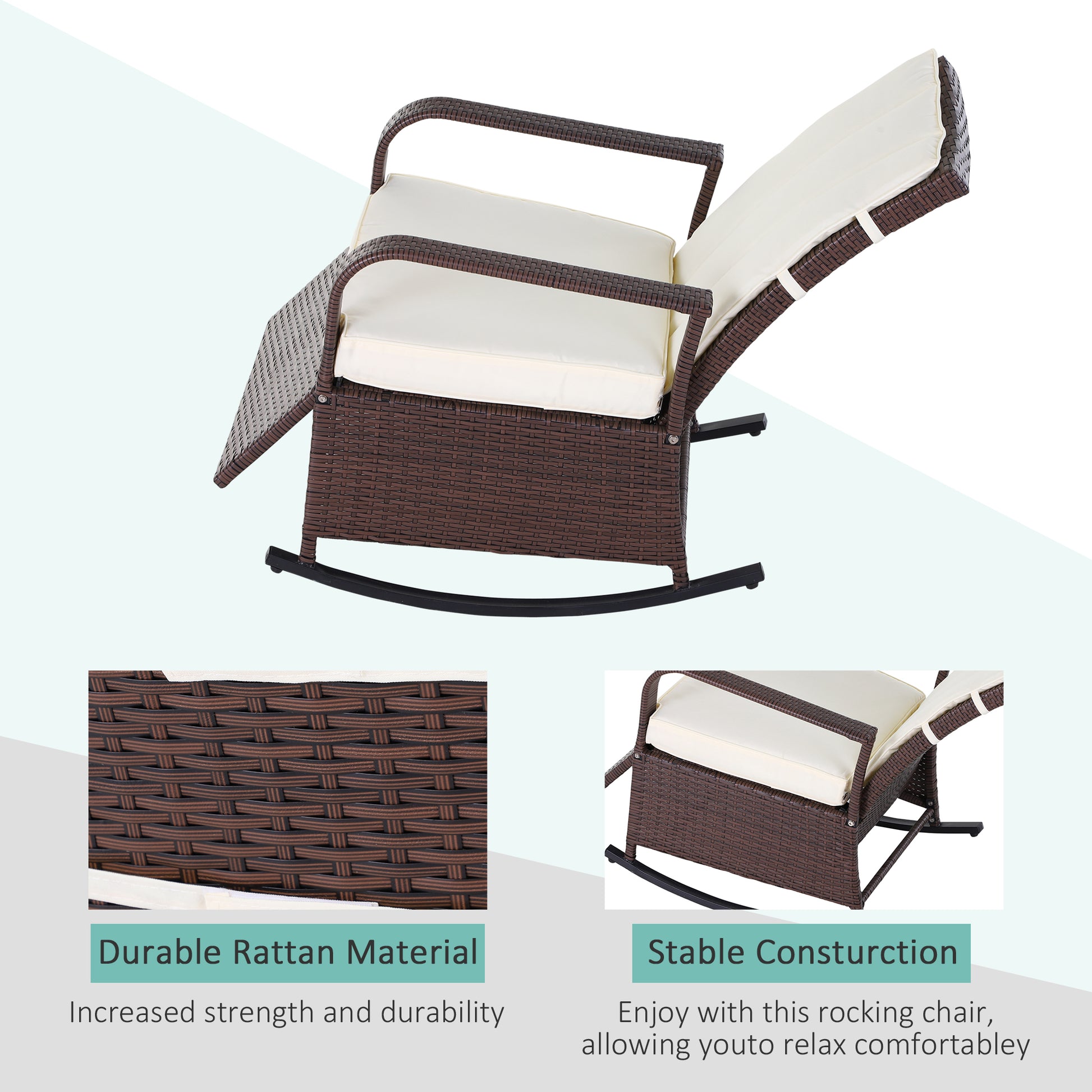 Outsunny Wicker Outdoor Rocking Chair, Patio Recliner With Adjustment Backrest, Pe Rattan Lounge Chair With Adjustable Footrest And Cushions For Garden, Backyard, Porch, Beige Brown Steel