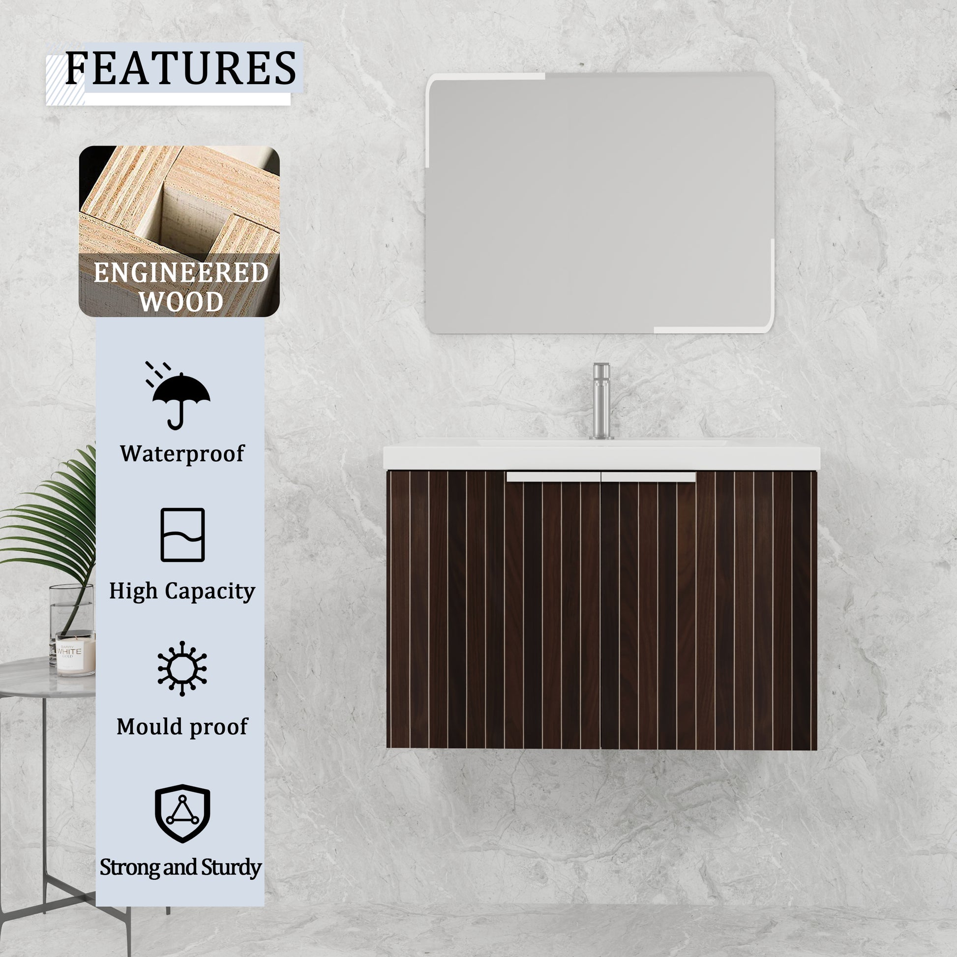 30 Inch Bathroom Vanity With Resin Sink,Soft Close Doors,Float Mounting Design Silver Brown Stripe Bathroom Modern Plywood Plywood