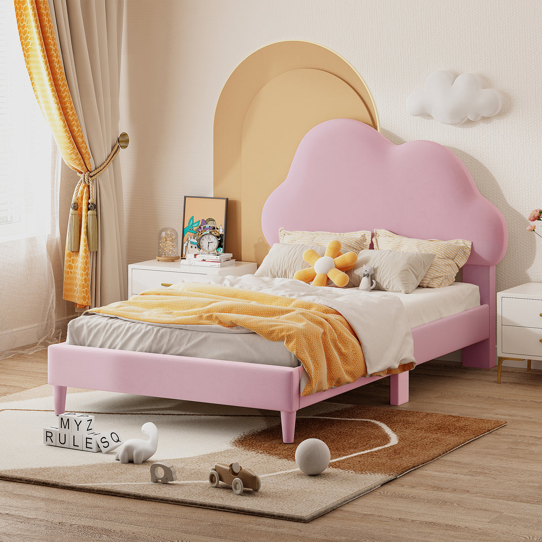 Twin Size Upholstered Cloud Shape Bed ,Velvet Platform Bed With Headboard,No Box Spring Needed,Pink Twin Pink Velvet