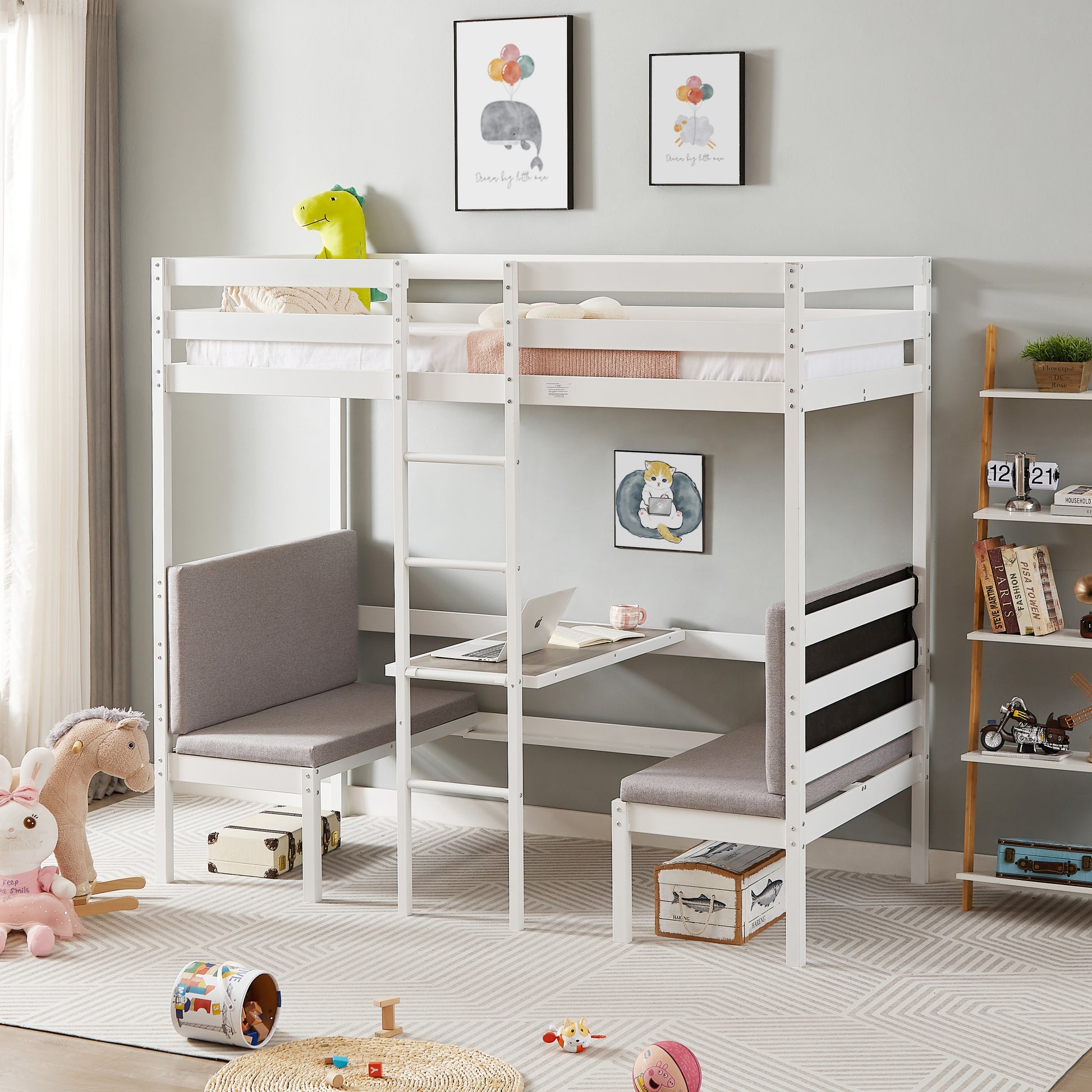 Twin Over Twin Bunk Beds Can Be Turn Into Upper Bed And Down Desk, Cushion Sets Are Free. White,79''L X 40.9''W X 79''H. Twin White Iron