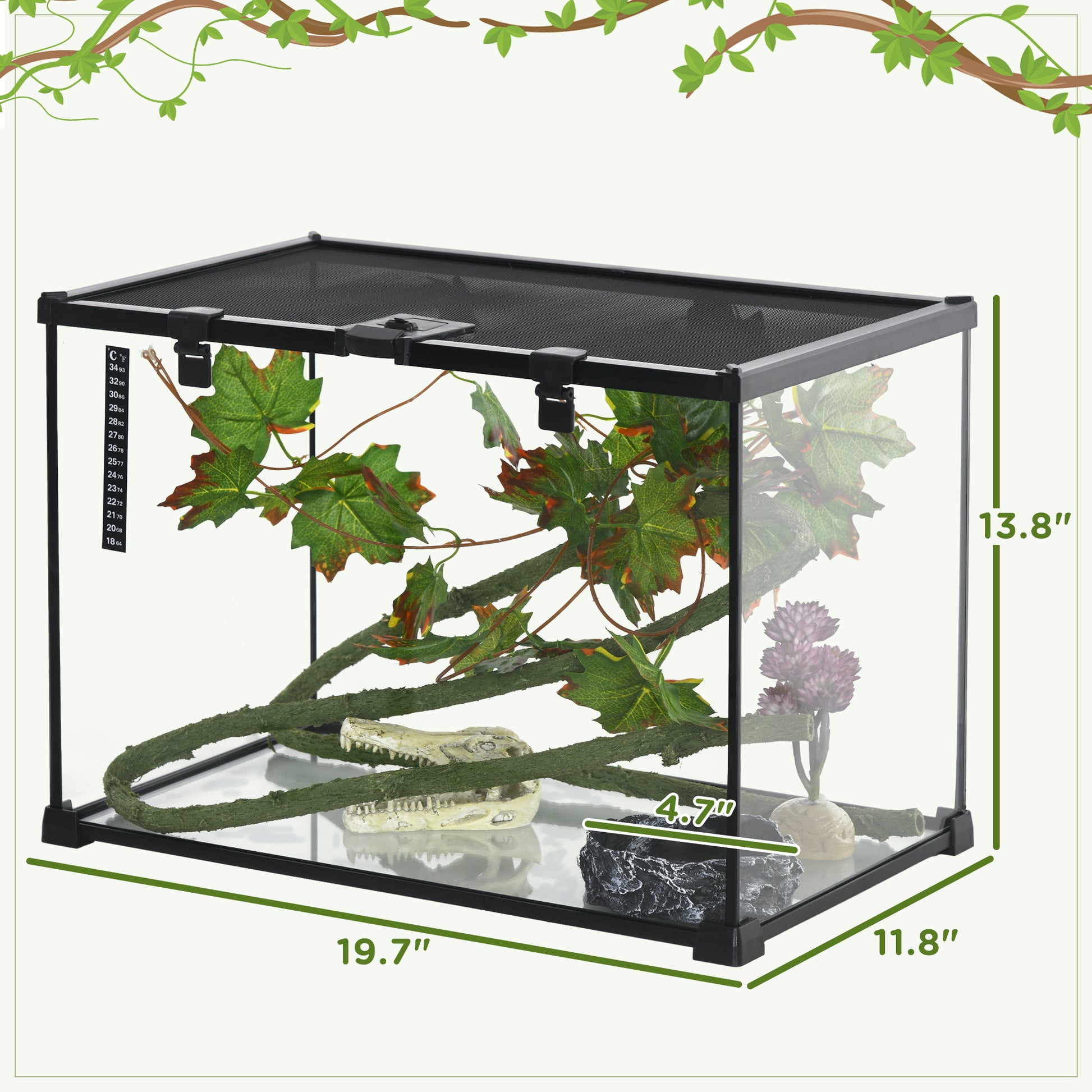 Pawhut 14 Gallon Reptile Glass Terrarium Tank With Decor Kit, Breeding Box Full View With Visually Appealing Sliding Screen Top For Lizards, Frogs, Snakes, Spiders, 20" X 12" X 14", Black Black Glass