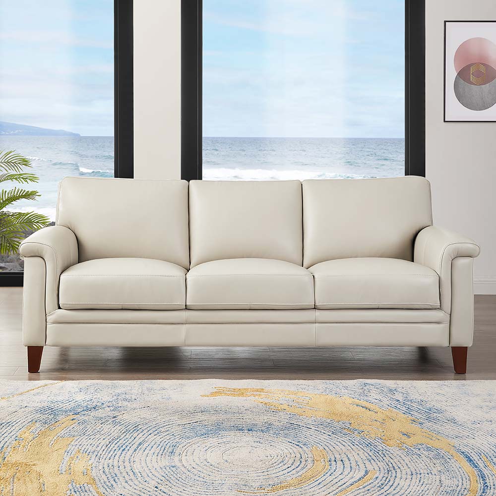 Westcott Leather Sofa Beige Memory Foam Genuine Leather 3 Seat