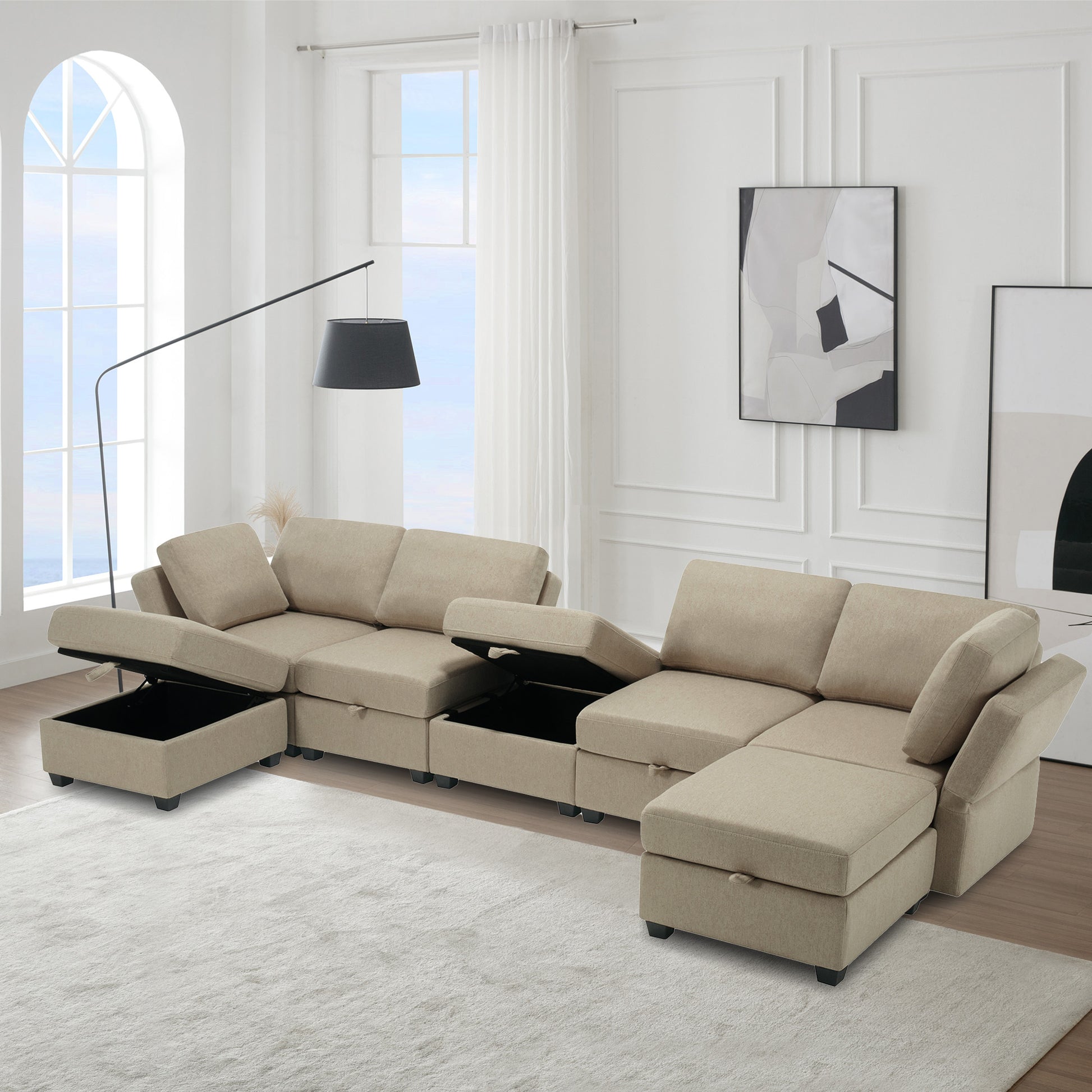 Modular Sectional Sofa U Shaped Sectional Couch With Ottoman, 7 Seat Modular Sofa With Chaise For Living Room, Adjustable Arms And Backs Beige Beige Polyester 4 Seat