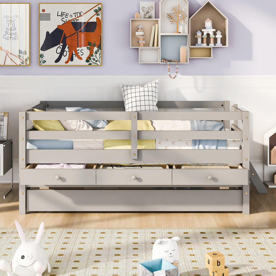 Low Loft Bed Twin Size With Full Safety Fence, Climbing Ladder, Storage Drawers And Trundle Gray Solid Wood Bed Gray Solid Wood