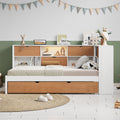 L Shaped Bed Frame With Trundle And And Bookcase,Corner Bed Wooden Captain Bed With Led Downlight And Usb Port For Small Room,Bedroom, Guest Room, Twin Size, Walnut And White Box Spring Not Required Twin White Walnut Wood Bedroom Modern Pine Bed Frame