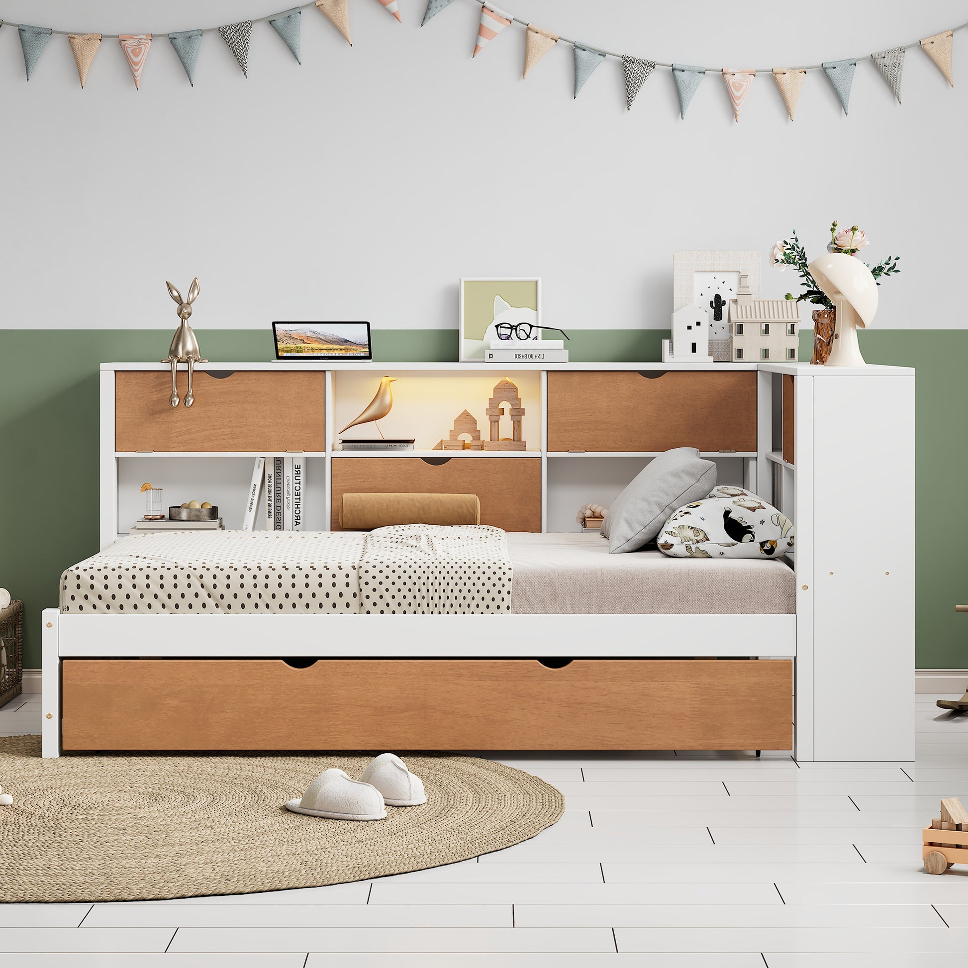 L Shaped Bed Frame With Trundle And And Bookcase,Corner Bed Wooden Captain Bed With Led Downlight And Usb Port For Small Room,Bedroom, Guest Room, Twin Size, Walnut And White Box Spring Not Required Twin White Walnut Wood Bedroom Modern Pine Bed Frame