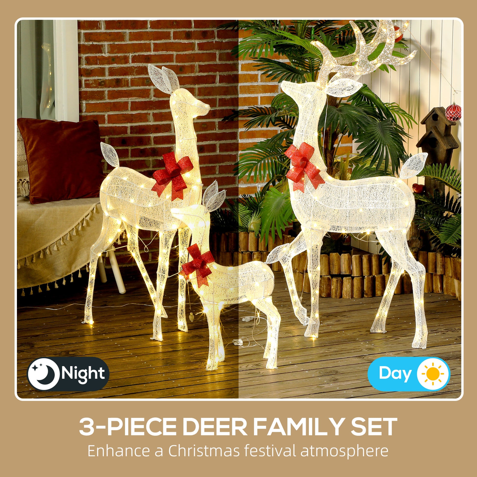 Outsunny 4.5Ft 3 Piece Light Up Christmas Deer Family Set Of 3, Lighted Reindeer Christmas Decorations With 2 Led Light Modes, Stakes, Zip Ties For Indoor, Outdoor, Yard, Lawn, Silver Silver Steel