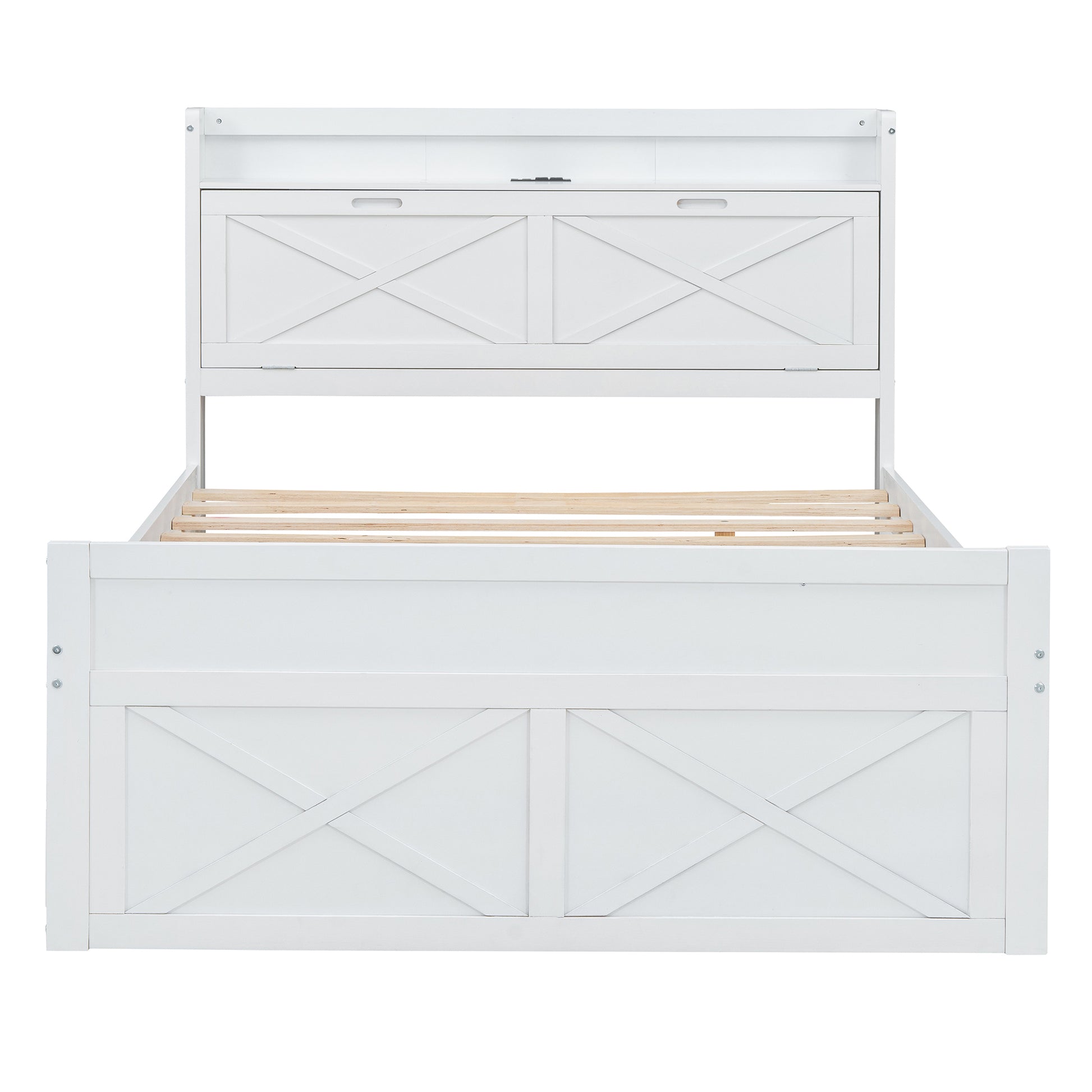 Full Size Wooden Bed With Storage Headboard With Outlets, Extendable Bed With Twin Size Trundle With Three Storage Drawers,White Expected Arrival Time:8.23 Full White Wood