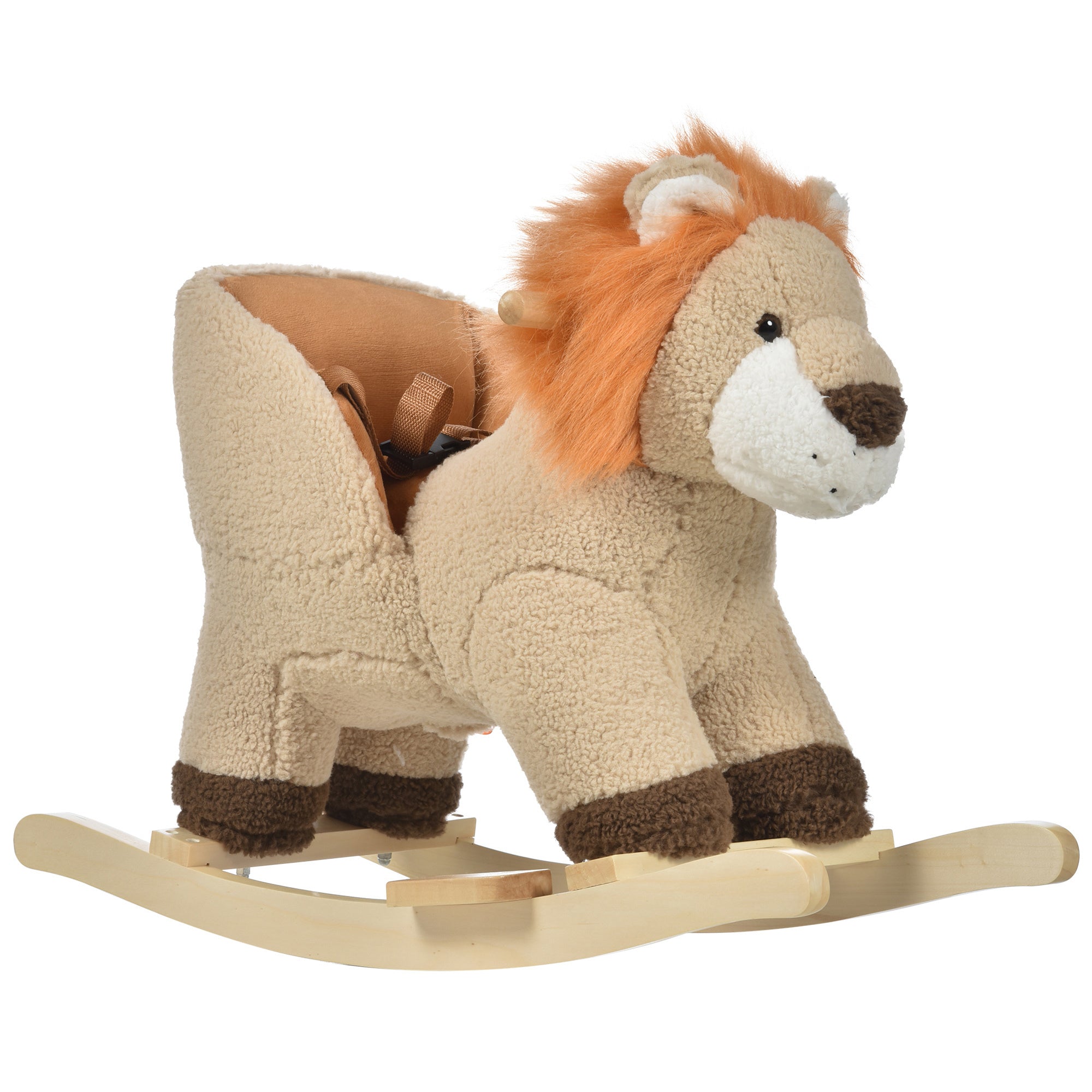 Qaba Baby Rocking Horse Lion With Sound, Plush Stuffed Rocking Animals, Wooden Rocking Horse With Seat Belt For 18 36 Months Boys And Girls Gift, Brown Brown Plush