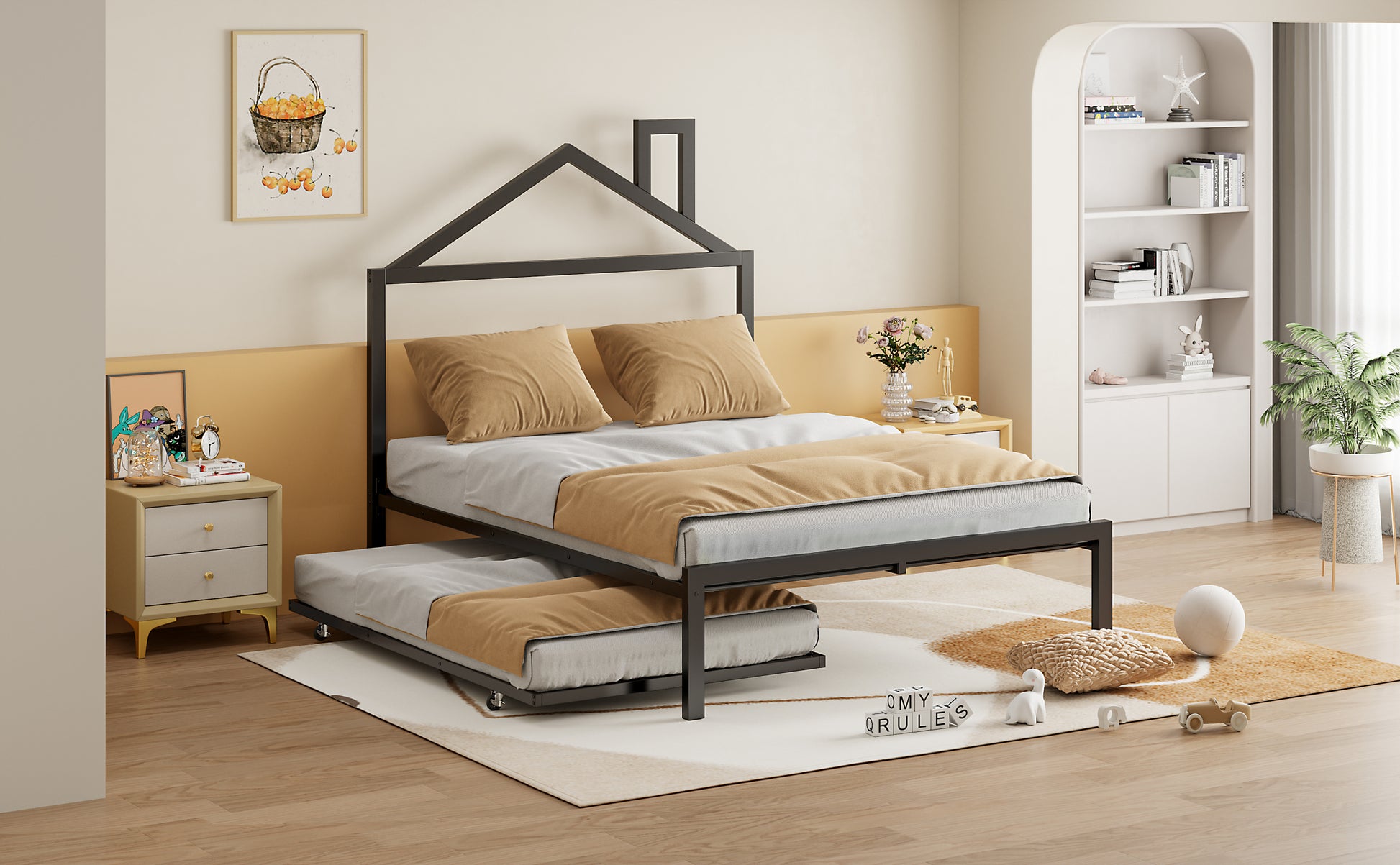 Full Size Metal Platform Bed With Twin Size Trundle,House Shaped Headboard Design, Black Full Black Metal