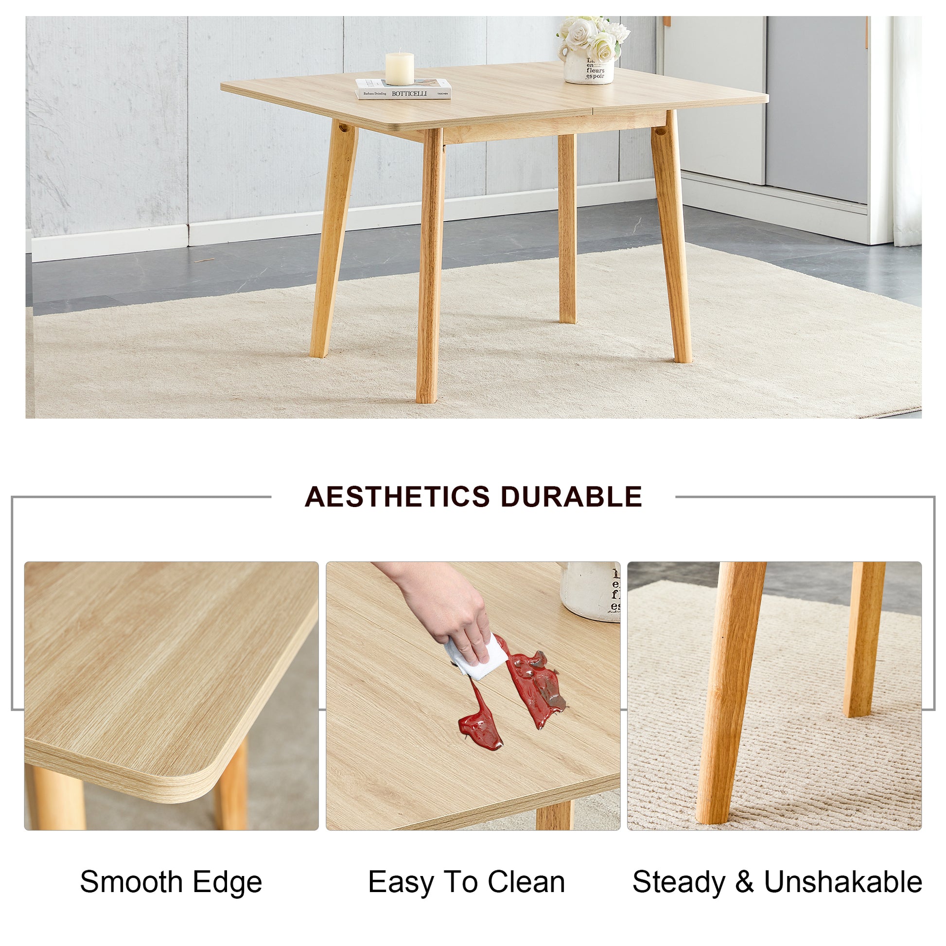 Wood Colored Mdf Desktop With Rubber Wooden Legs, Foldable Computer Desk, Foldable Office Desk, Solid Wood Dining Chair With Small Curved Back And Pu Cushion, Zd 1545 Dx 2361 Wood Seats 4 Wood