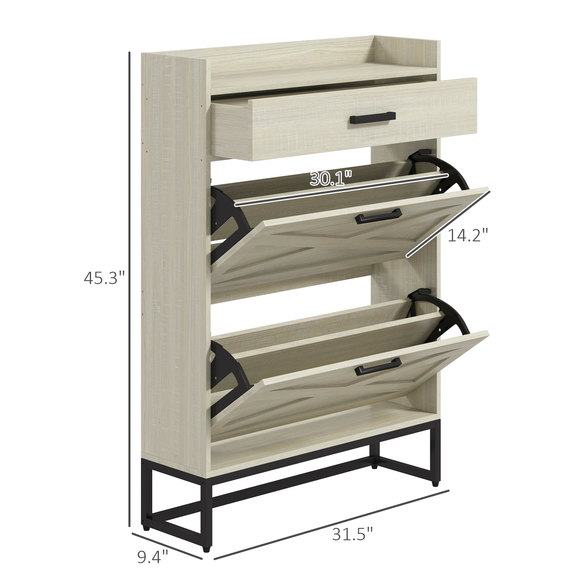 Homcom Narrow Shoe Cabinet, Industrial Shoe Storage Cabinet With 2 Flip Drawers, Adjustable Shelves, And Top Drawer, Entryway Hidden Shoe Storage For 12 Pairs Of Shoes, Distressed White White