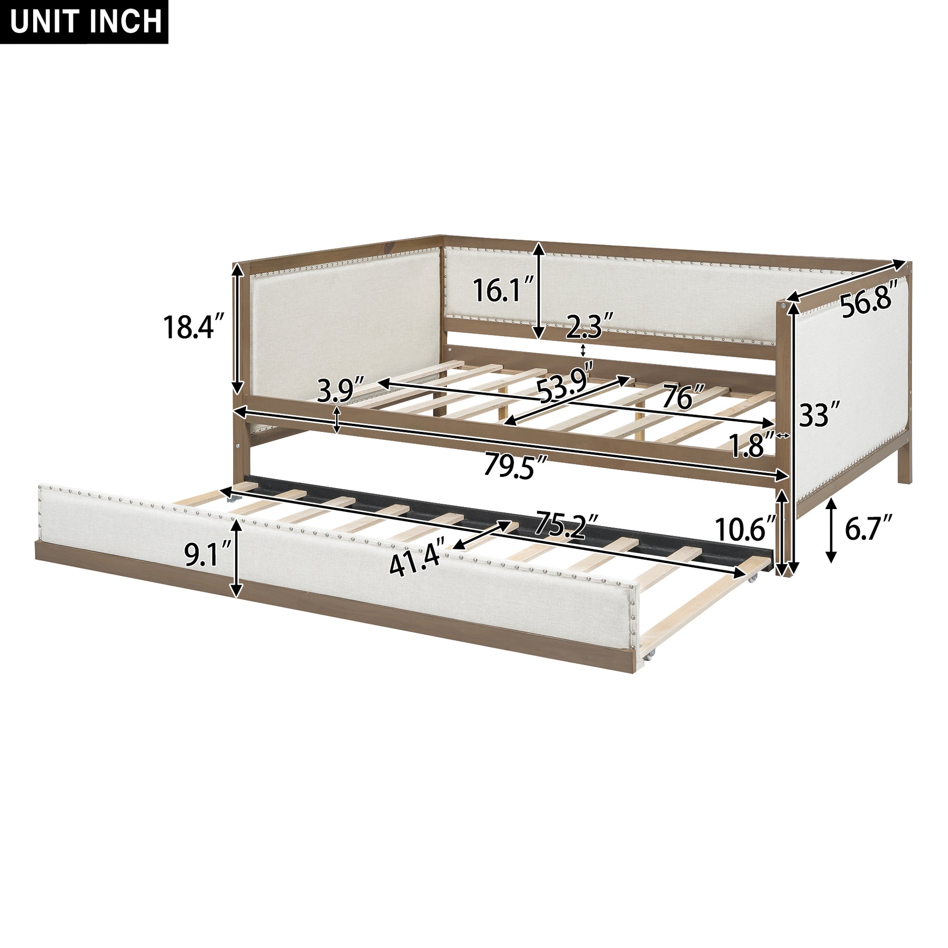 Full Size Upholstered Daybed With Trundle And Decoration, Wood Color Box Spring Not Required Full Wood Wood Daybeds Linen Upholstered