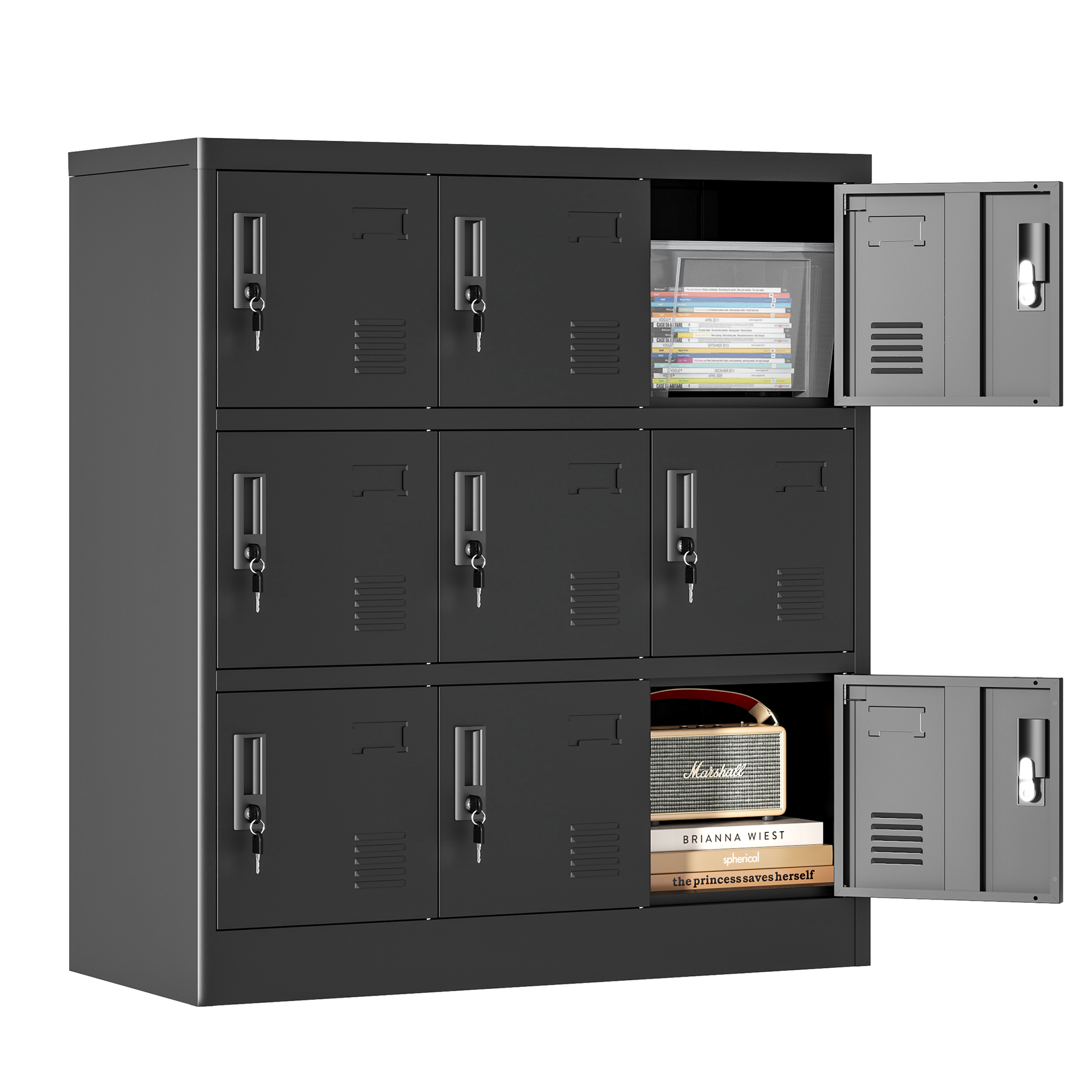 9 Door Employee Storage Locker, Metal Lockers For Office, Gym, School, And Homewith Card Slot Black Freestanding 5 Or More Spaces Powder Coated Black Gym Door Locks Modern Metal Metal