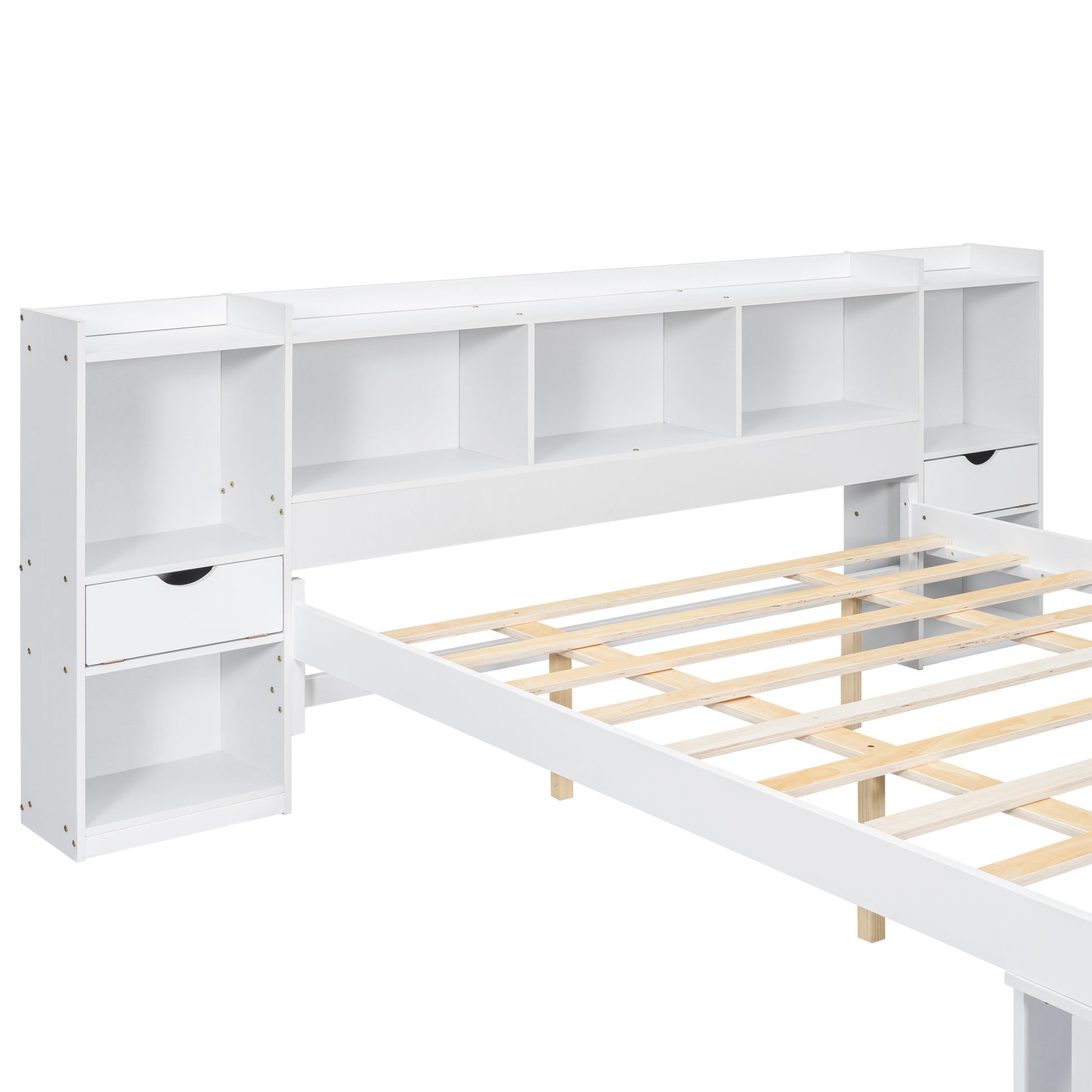 Queen Size Wood Platform Bed With Multi Storage Headboard And A Drawer, White Box Spring Not Required Queen White Wood Bedroom Bed Frame Solid Wood Mdf