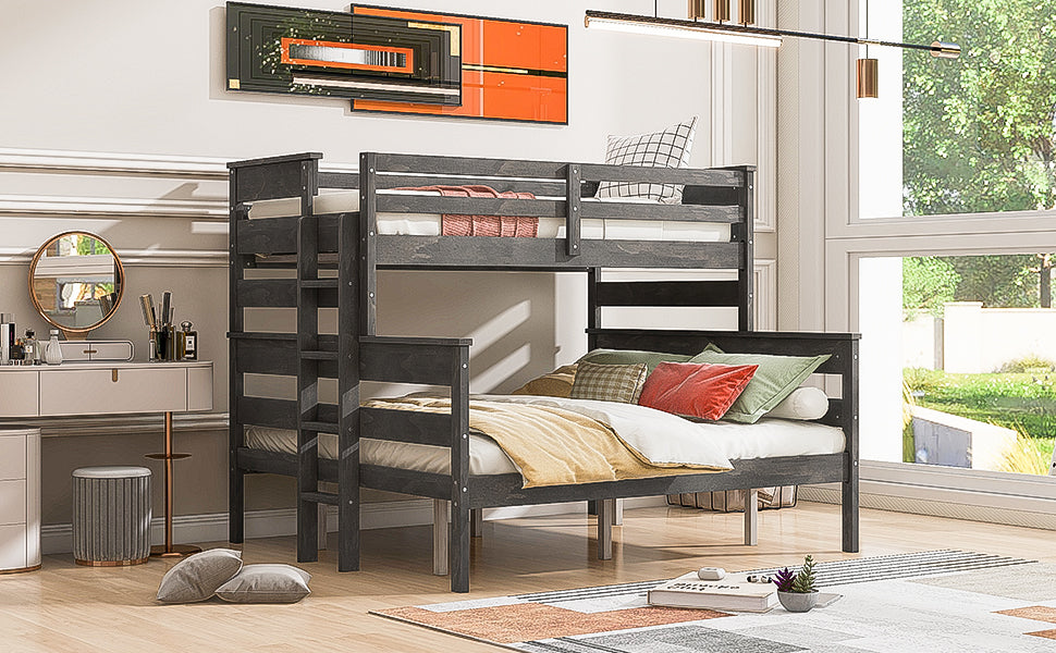 Wood Twin Xl Over Queen Bunk Bed With Ladder, Gray Twin Xl Box Spring Not Required Gray Wood Bedroom Bunk Solid Wood Mdf