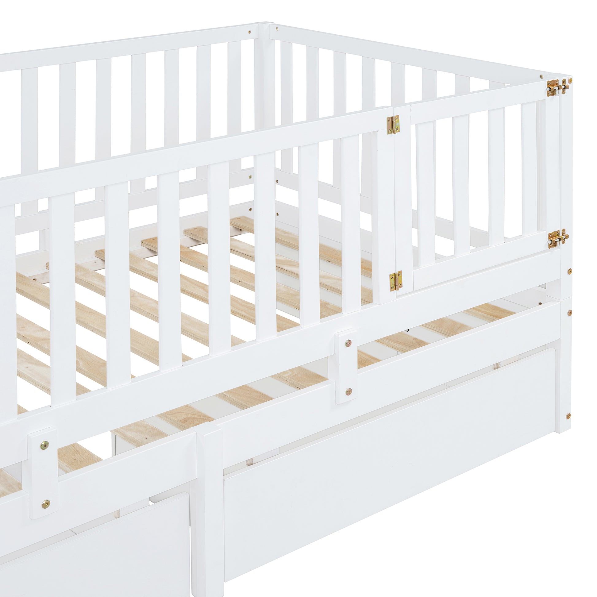 Twin Size Wood Daybed With Fence Guardrails And 2 Drawers, Split Into Independent Floor Bed & Daybed, White Old Sku :Lp000881Aak Twin White Solid Wood Mdf