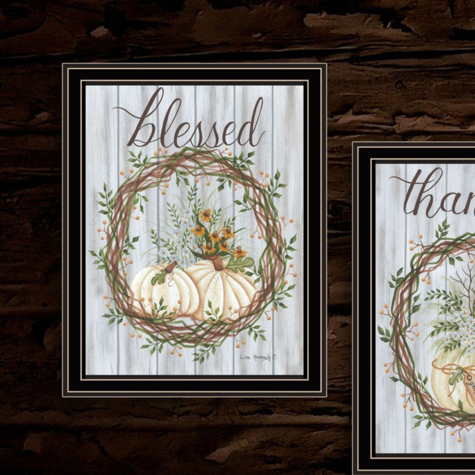 "Thankful And Blessed For The Fall" Framed Wall Art For Living Room, Wall Art Print For Home Decor, Bedroom Wall Art By Lisa Kennedy Multicolor Wood Paper