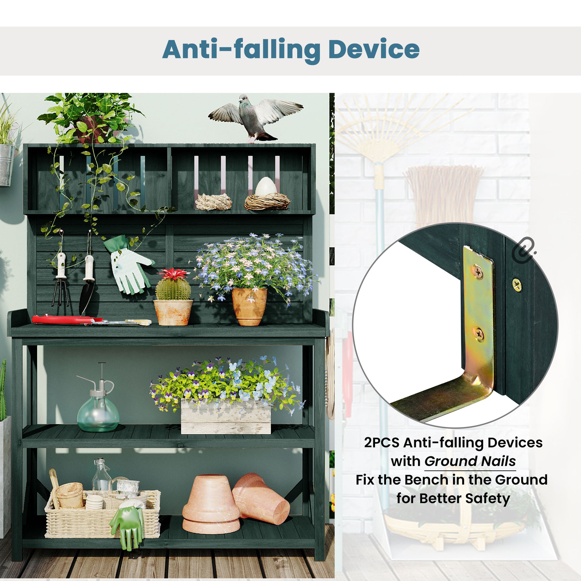 65" Large Wooden Farmhouse Rustic Outdoor Potting Bench Table, Patio Workstation, Garden Potting Bench With 4 Storage Shelves And Side Hook, Forest Green Green Garden & Outdoor Casual Wood Solid