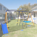 500 Lbs 7 In 1 Swing Set For Kids Backyard Outdoor A Frame Heavy Duty Metal Swing Sets With Slide, 2 Swing Seats, 1 Climbing Net & Ladder, 1 Gym Ring, 1 Basket Multicolor Steel