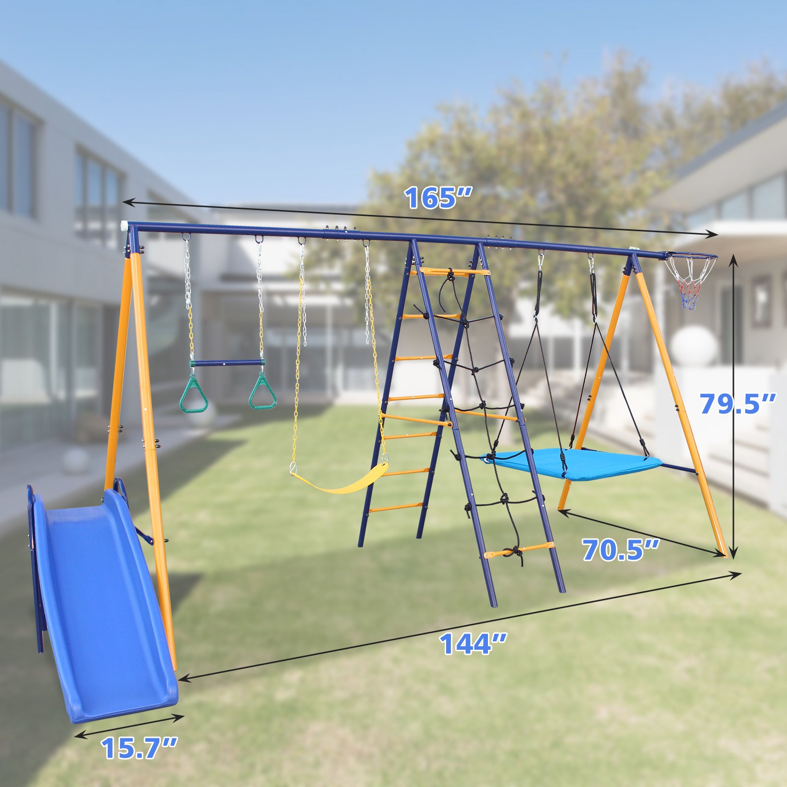 500 Lbs 7 In 1 Swing Set For Kids Backyard Outdoor A Frame Heavy Duty Metal Swing Sets With Slide, 2 Swing Seats, 1 Climbing Net & Ladder, 1 Gym Ring, 1 Basket Multicolor Steel