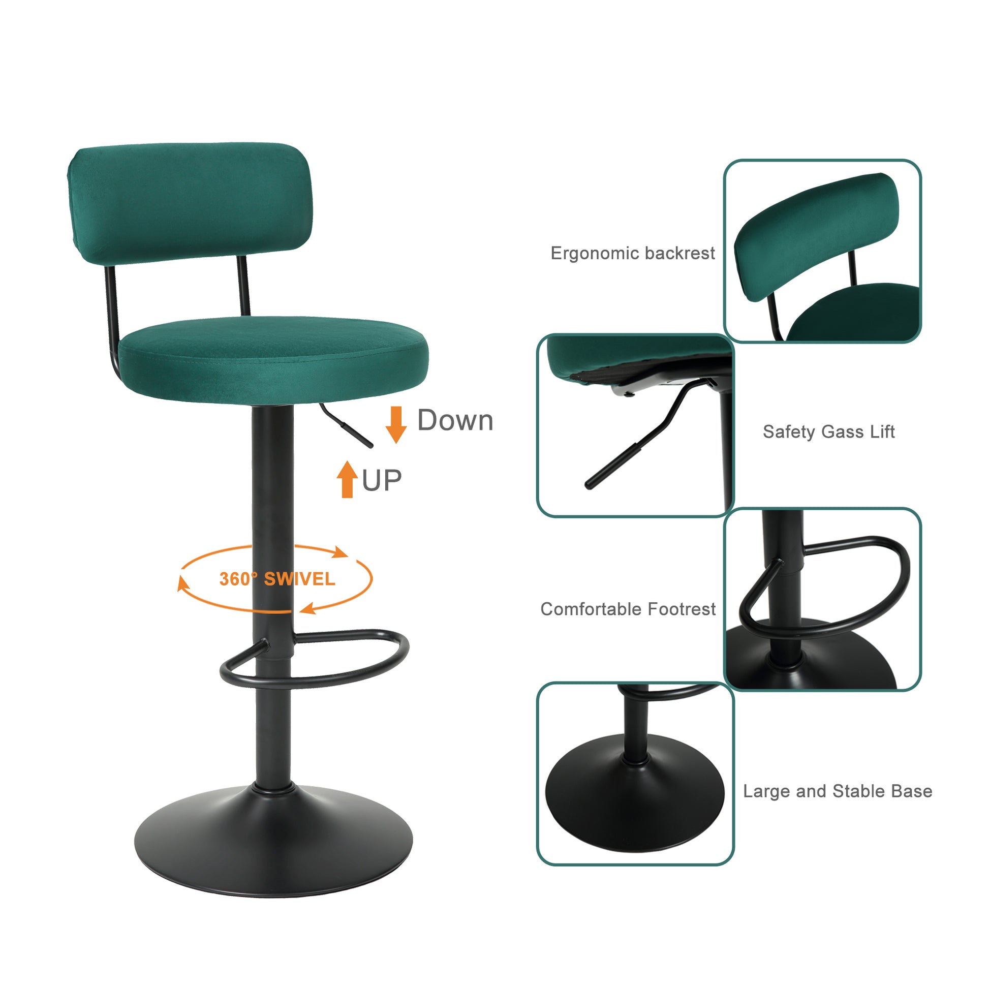 Modern Bar Stools Set Of 2,Curved Backrest Upholstered Counter Height Bar Stools,Adjustable Bar Stool 24.5" 30.5", Swivel Counter Stools For Kitchen Home Green Velvet