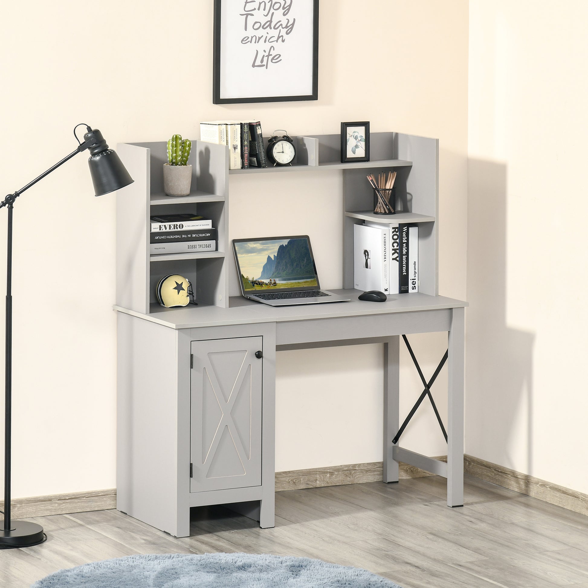 Homcom Farmhouse Computer Desk With Hutch And Cabinet, Home Office Desk With Storage, For Study, Light Grey Light Grey Particle Board