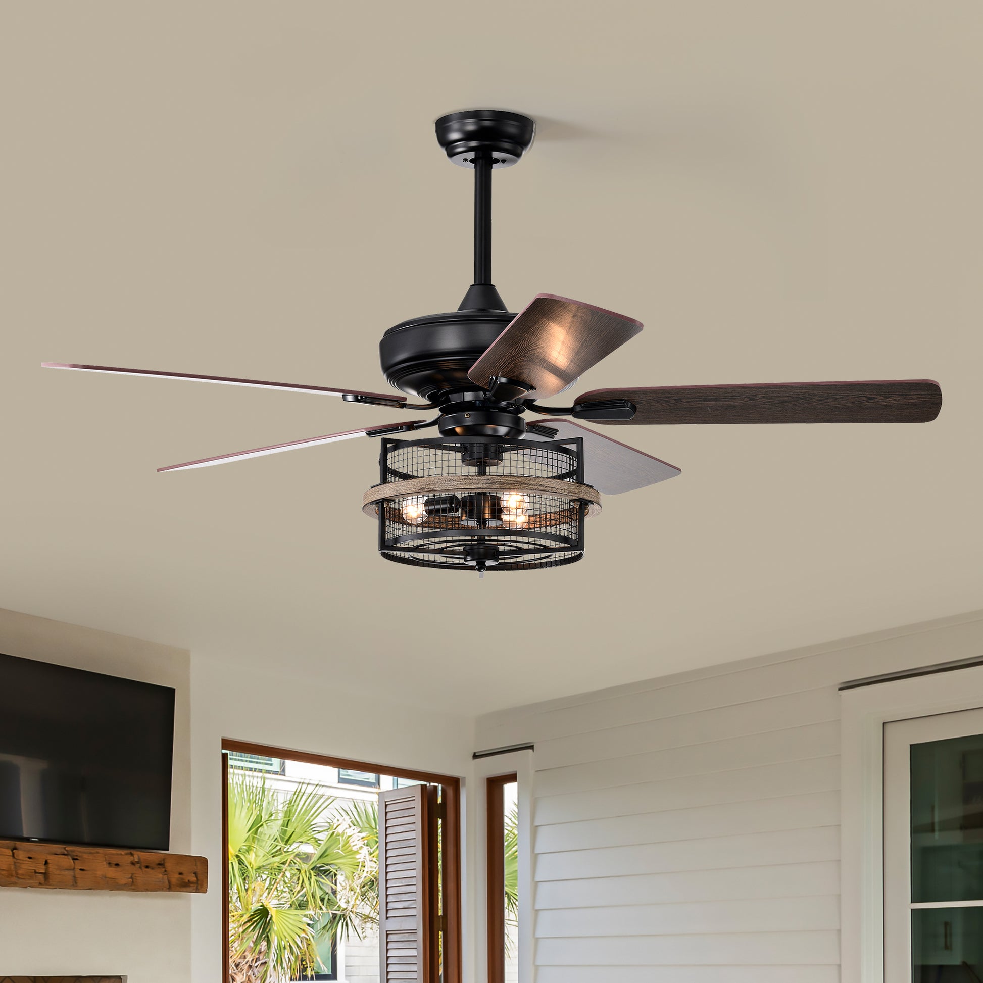 52 Inch Farmhouse Ceiling Fan With Remote,3 Lights Ceiling Fan With Light Fixture No Include Bulbs , Ceiling Fan For Patio,Living Room,Bedroom Black Matte Wood Grain Matt Black American Design,American Traditional,Traditional Plywood Iron