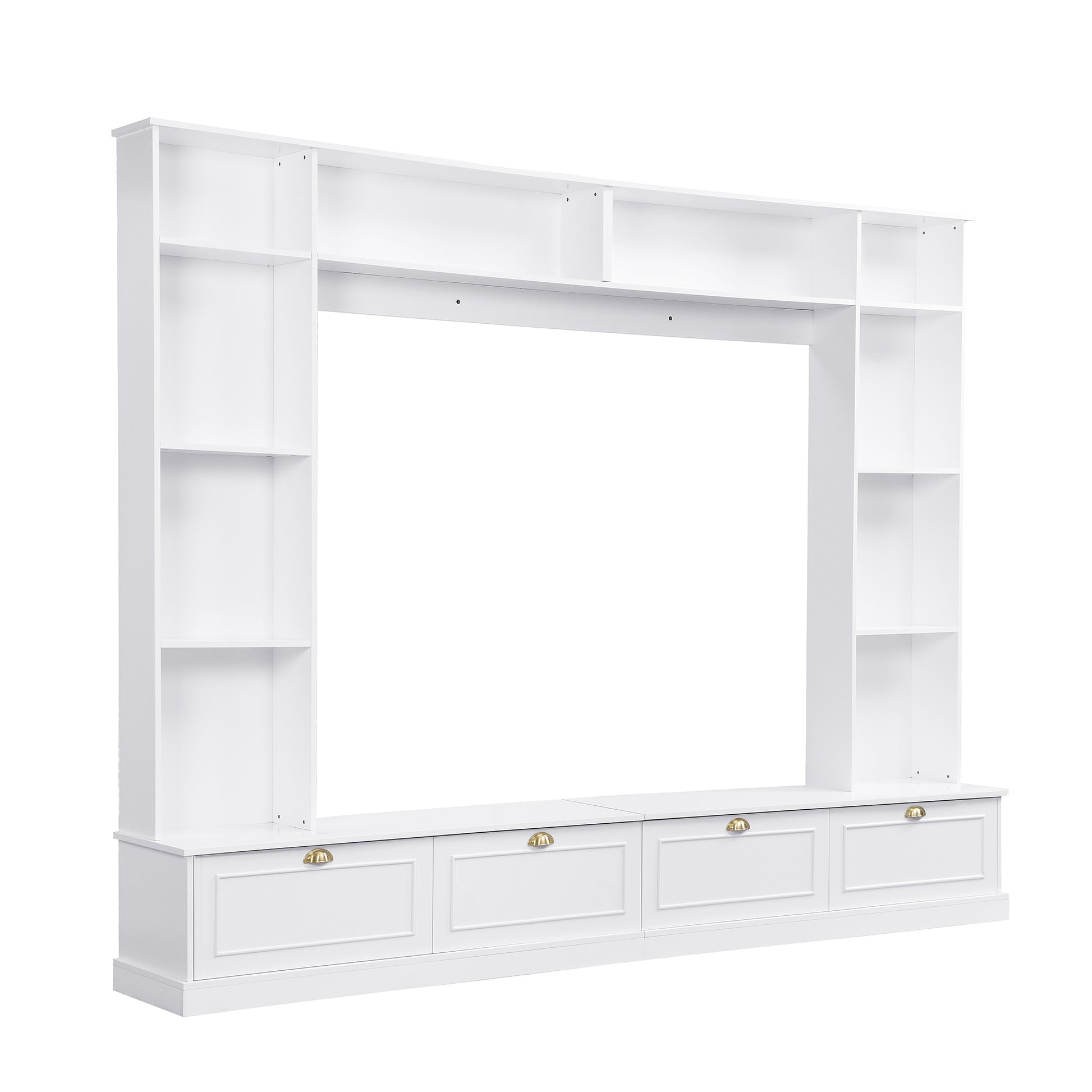 Large Wall Unit Entertainment Center With Bookshelves For Tvs Up To 78'', Modern Tv Console With Cabinets And Open Shelves, 4 In 1 Tv Stand With Golden Handles, White, 104.2''W*81.2''H White 70 79 Inches Mdf