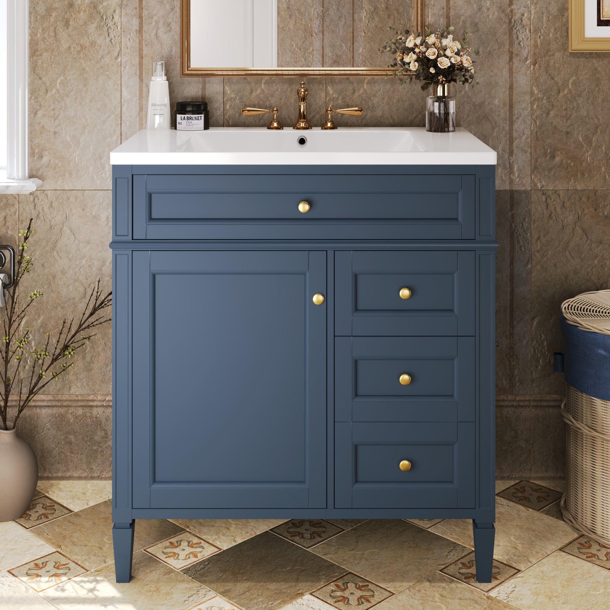 30'' Bathroom Vanity With Top Sink, Modern Bathroom Storage Cabinet With 2 Drawers And A Tip Out Drawer, Single Sink Bathroom Vanity 3 Blue 1 2 Adjustable Hinges Bathroom Freestanding Modern Solid Wood Mdf Resin Painted