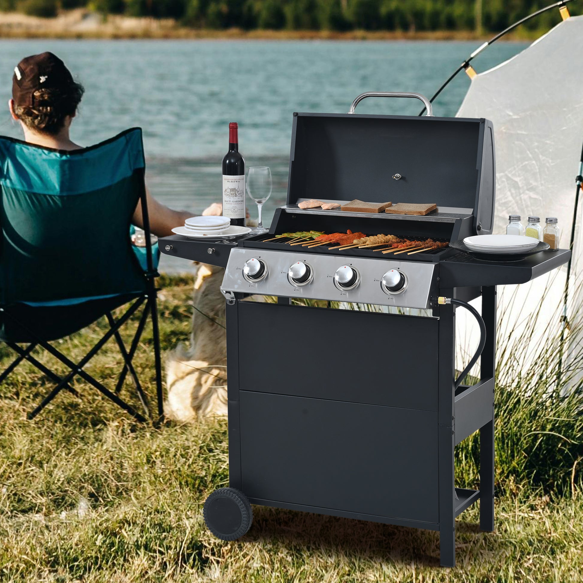 Propane Gas Grill 4 Burner Barbecue Grill, Stainless Steel 34,000 Btu Patio Garden Barbecue Grill With Two Shelves, Lid, Wheels And Bottle Opener Black Iron