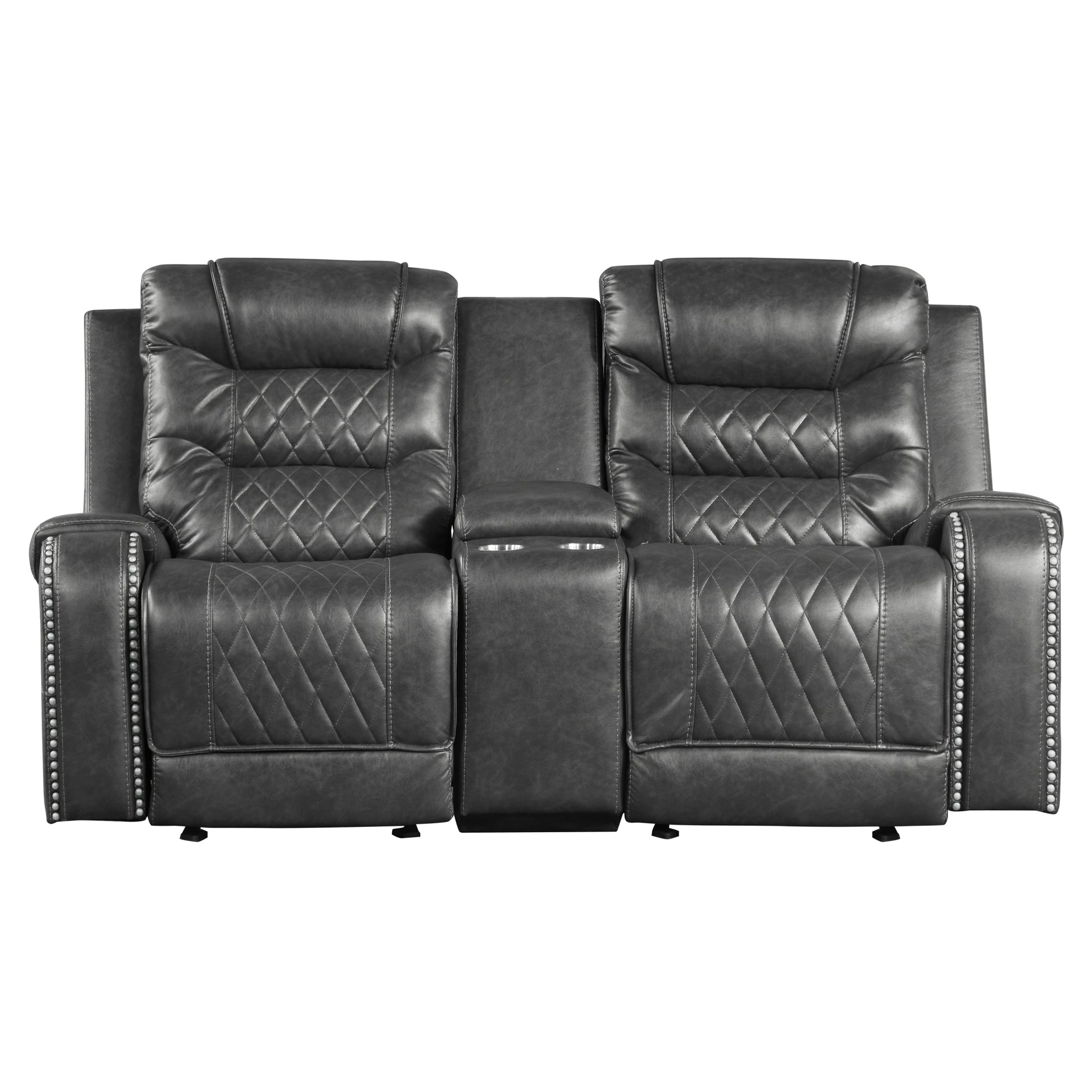 Luxurious Living Room Furniture 1Pc Gray Double Glider Reclining Loveseat With Center Console, Receptacles Usb Ports,Faux Leather Upholstery Diamond Pattern Stitching Gray Faux Leather Wood Primary Living Space Luxury,Modern Solid Wood