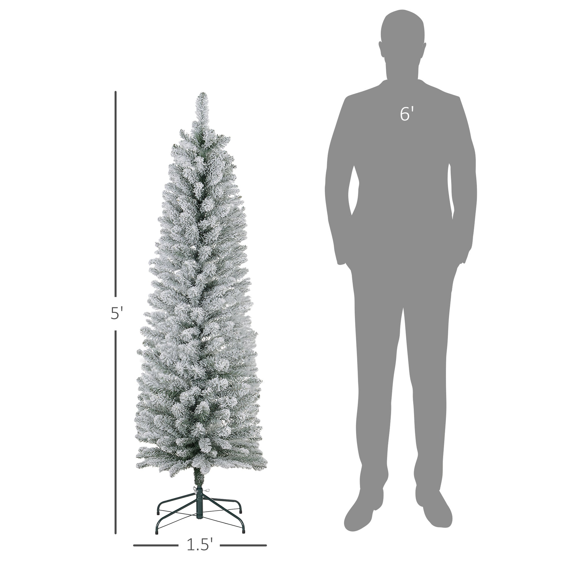 Homcom 5Ft Artificial Pencil Christmas Tree With 263 Snow Flocked Tips, Metal Base, Realistic Xmas Tree Green Plastic