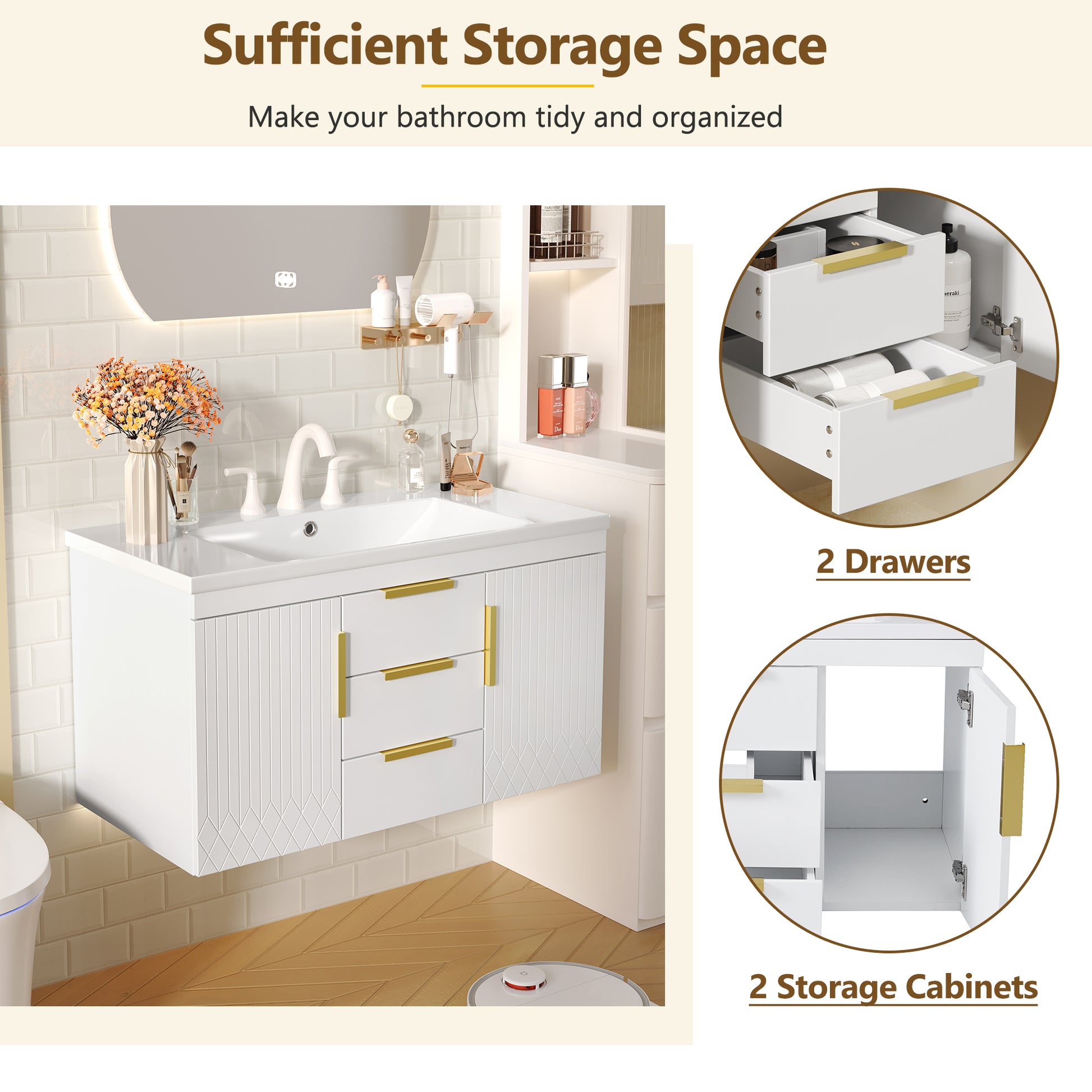 36'' Wall Mounted Bathroom Vanity With Resin Sink, Floating Bathroom Storage Cabinet With 2 Drawers, Solid Wood Bathroom Cabinet White Bathroom Modern Mdf