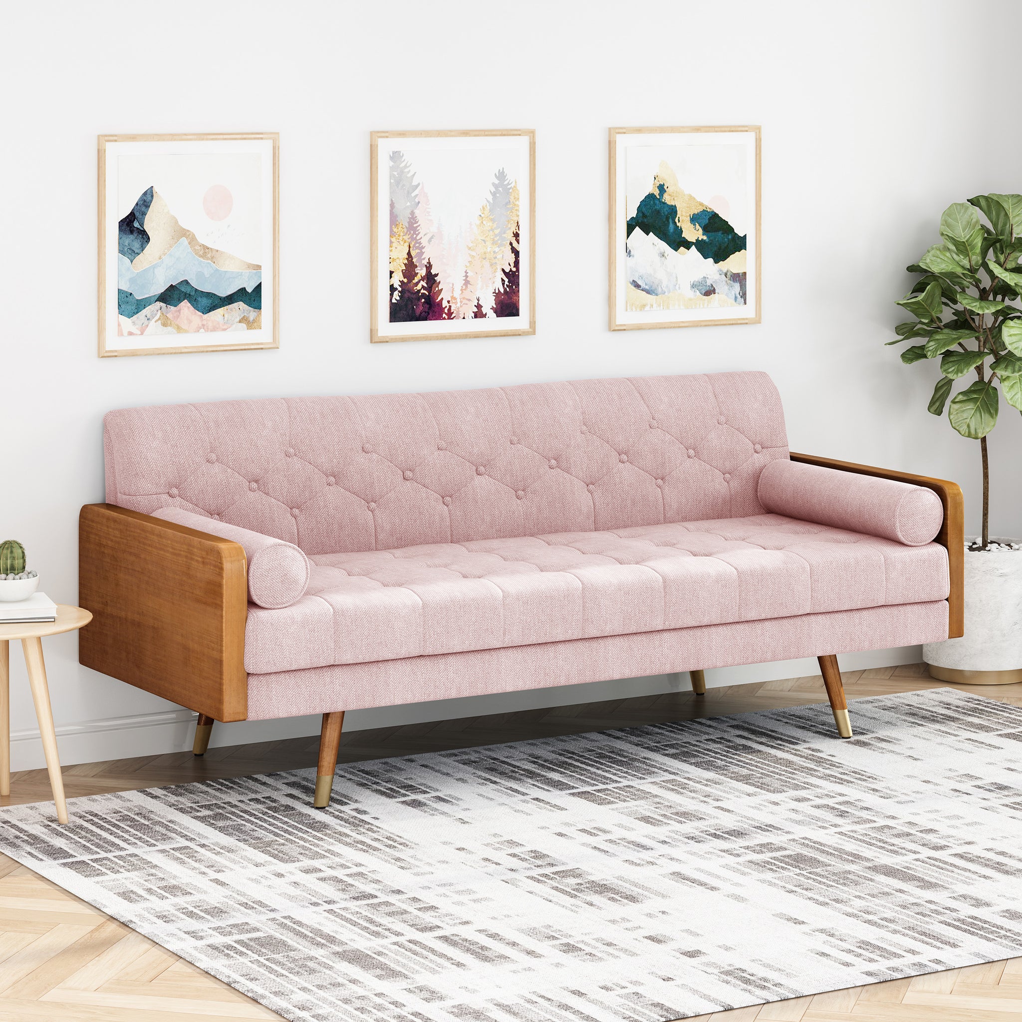 Aidan Mid Century Modern Tufted Fabric Sofa Blush Fabric