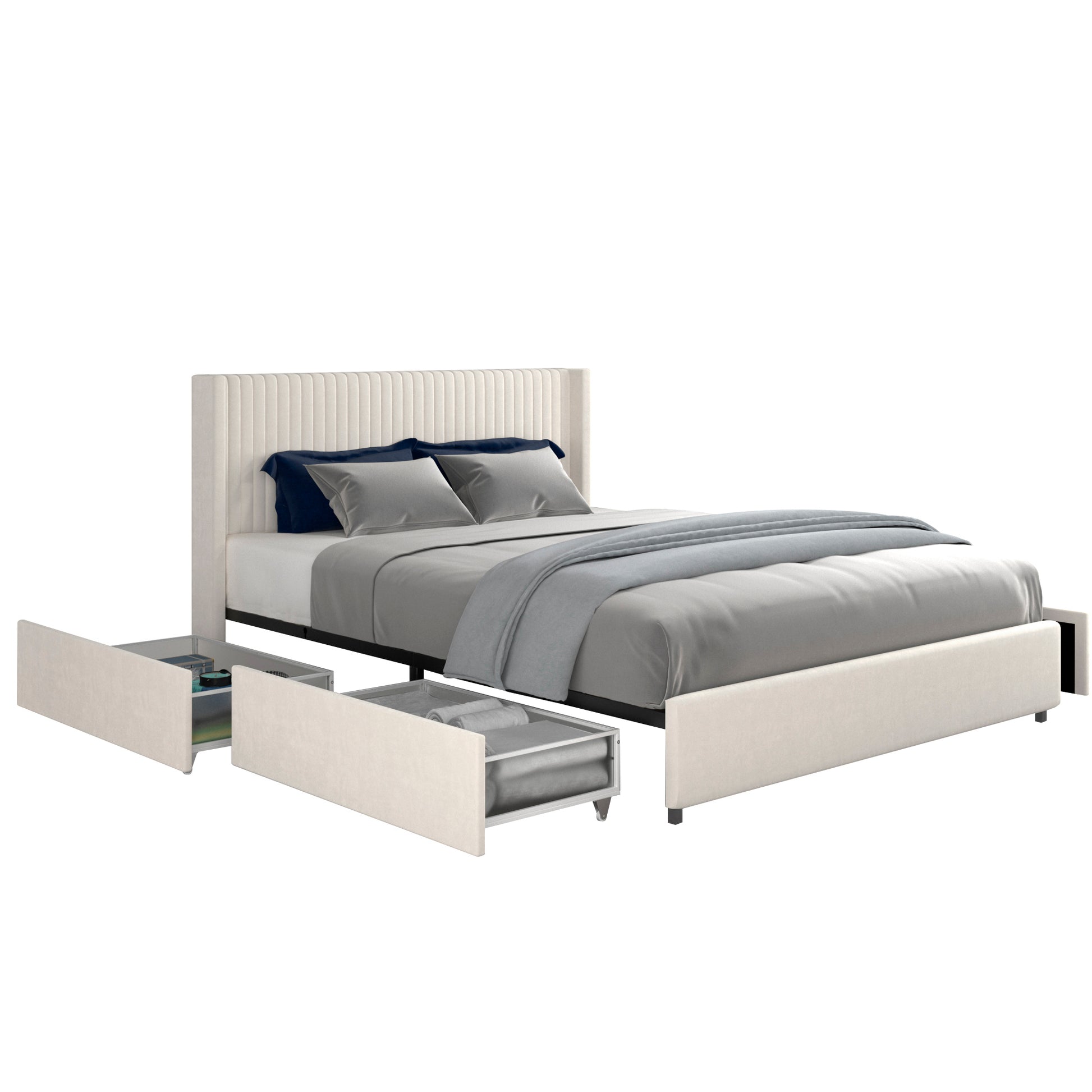 Same As B083119227 Anna Queen Size Ivory Velvet Upholstered Wingback Platform Bed With Patented 4 Drawers Storage, Modern Design Headboard With Tight Channel, Wooden Slat Mattress Support Box Spring Not Required Queen Ivory Metal Bedroom Bed Frame Velvet