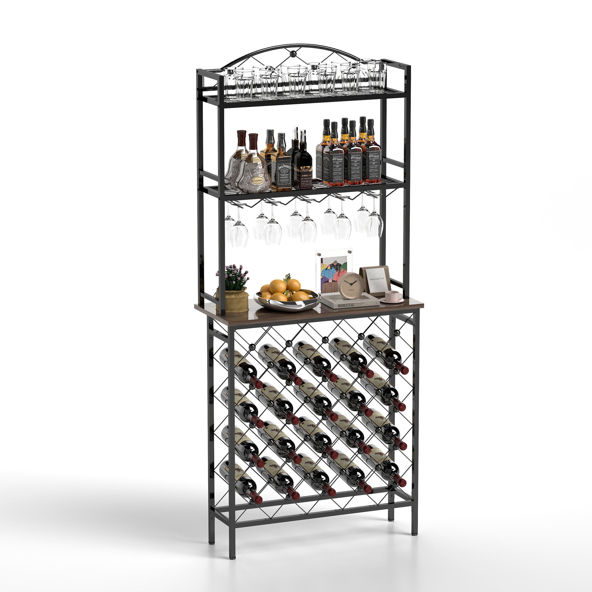 Industrial Wine Rack Bar Table, 3 Tier Liquor Bottle And Glass Holder With Storage Shelves, Metal And Wood Wine Organizer For Home Kitchen, Dining Room, And Living Room Black Brown Kitchen American Design Metal