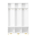 Modern Large Storage Hall Tree With Bench, Multi Functional Storage Bench With High Gloss Fluted Doors, Luxurious Coat Rack With 6 Gold Hooks And Legs For Entryway, Living Room, White White Gold Particle Board