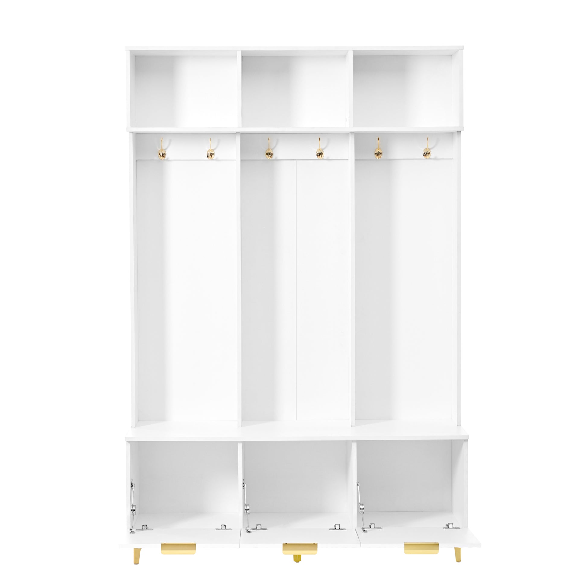 Modern Large Storage Hall Tree With Bench, Multi Functional Storage Bench With High Gloss Fluted Doors, Luxurious Coat Rack With 6 Gold Hooks And Legs For Entryway, Living Room, White White Gold Particle Board