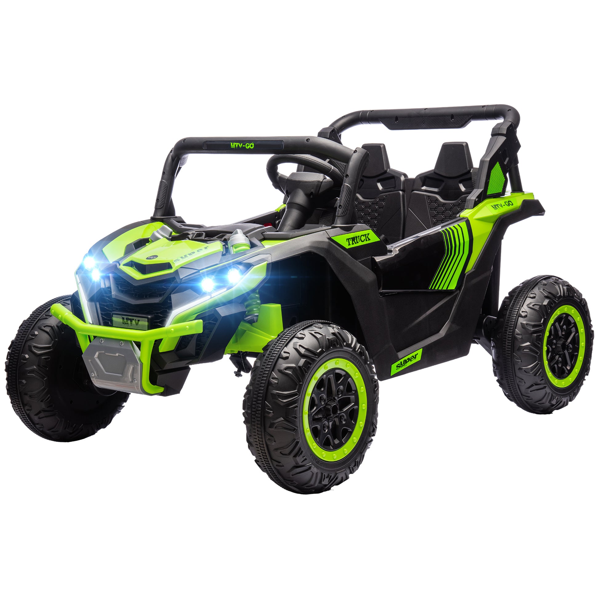 Qaba 24V 7Ah Ride On Utv, 2 Seater 4Mph Kids Electric Car Ride On Battery Powered Toy With 4 Shock Absorbers, Music Horn And Led Lights, For Toddlers 3 8 Years, Green Green Plastic