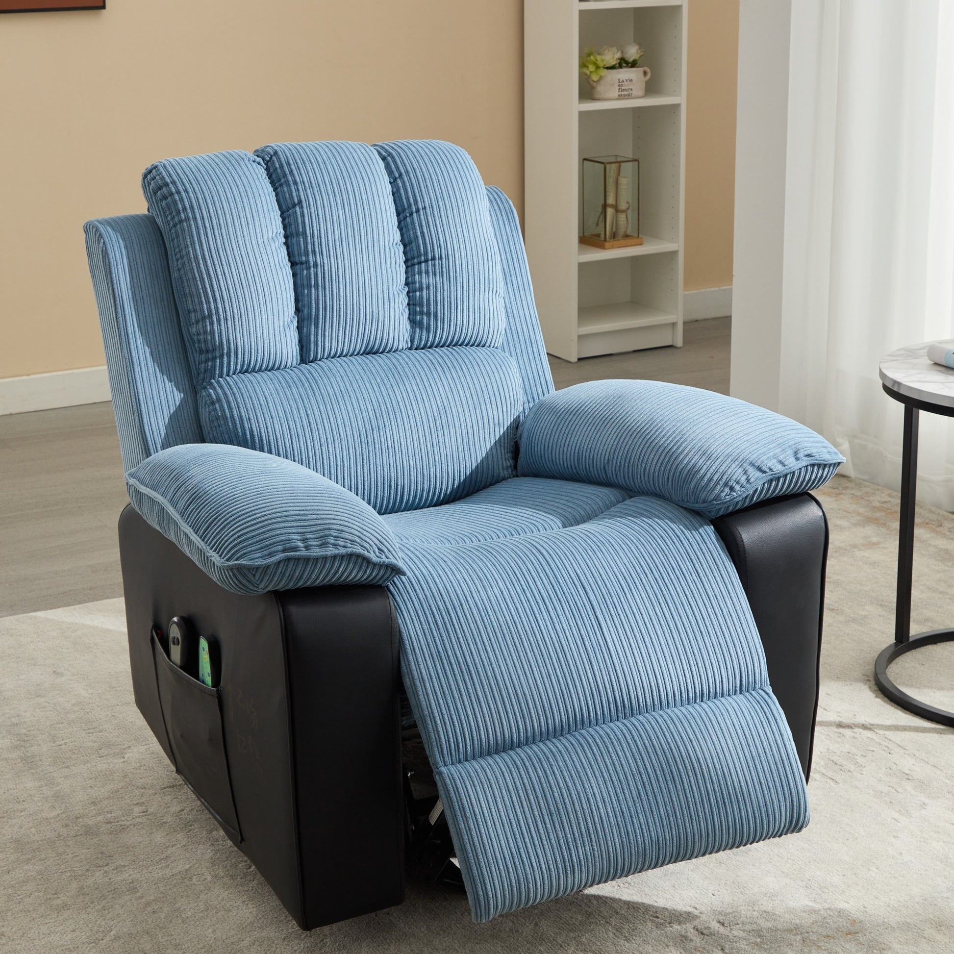 Recliner Chair With Heat And Vibrating Massage, Comfy Padded Overstuffed Soft Fabric Heated Recliner Blue And Black Black Blue Power Push Button Metal Primary Living Space Soft Cushion Back Heavy Duty Casual,Contemporary Push Button Pillow Top Arms Foam