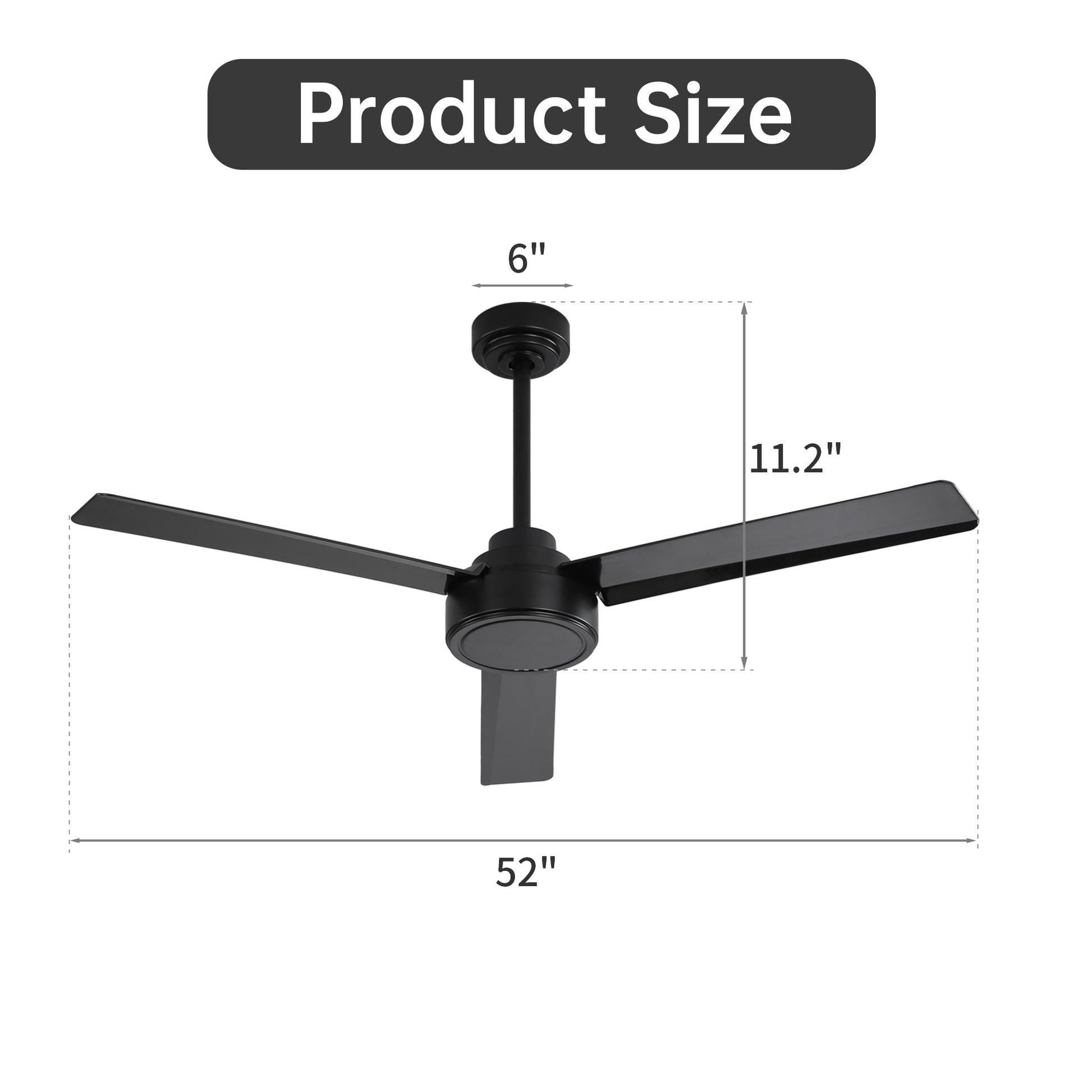 52" Ceiling Fan Without Light, 3 Abs Blades Farmhouse Ceiling Fan With Remote Control 6 Speed Reversible Dc Motor Black For Living Room, Bedroom, Kitchen Black Abs