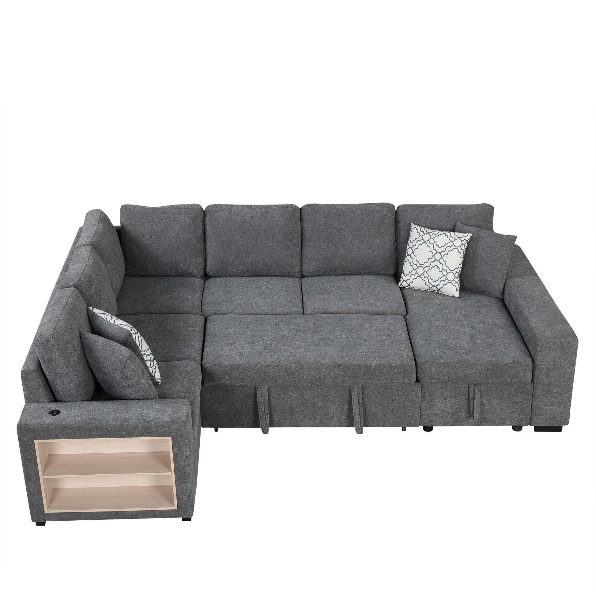 109" U Shaped Sectional Sofa Pull Out Sofa Bed With Two Usb Ports, A Storage Chaise Lounge And Four Back Pillows For Living Room, Grey Grey Foam Chenille 5 Seat