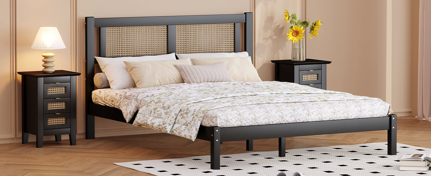 3 Pieces Bedroom Sets Queen Size Wooden Platform Bed With Natural Rattan Headboard, Nightstands Set Of 2 With Rattan Woven Surfaces And Three Drawers For Bedroom, Black Black Particle Board
