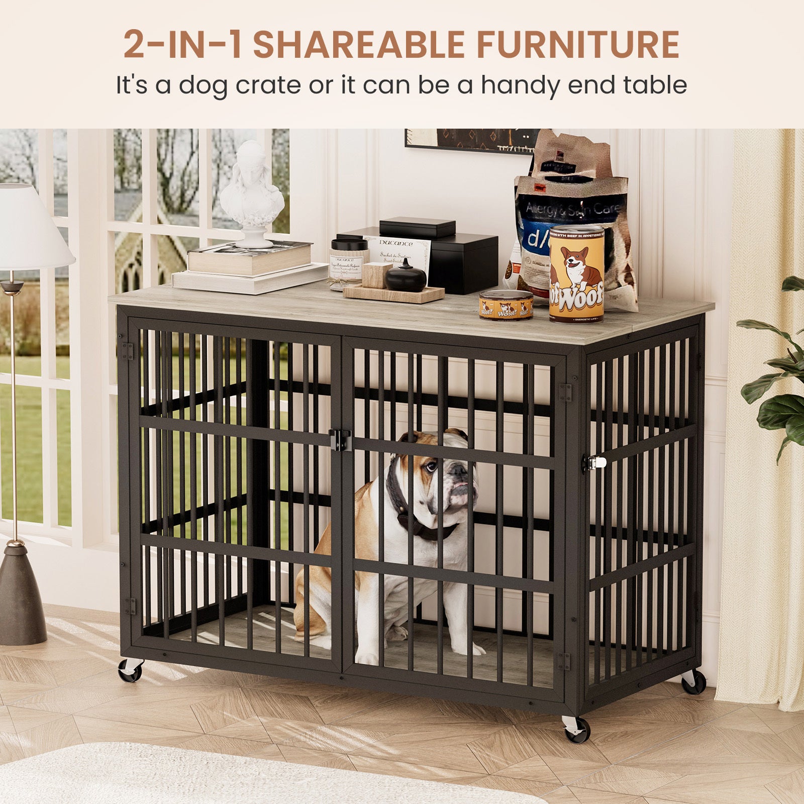 Furniture Style Dog Crate Wrought Iron Frame Door With Side Openings, Grey, 38.4''W X 27.7''D X 30.2''H. Grey Particle Board